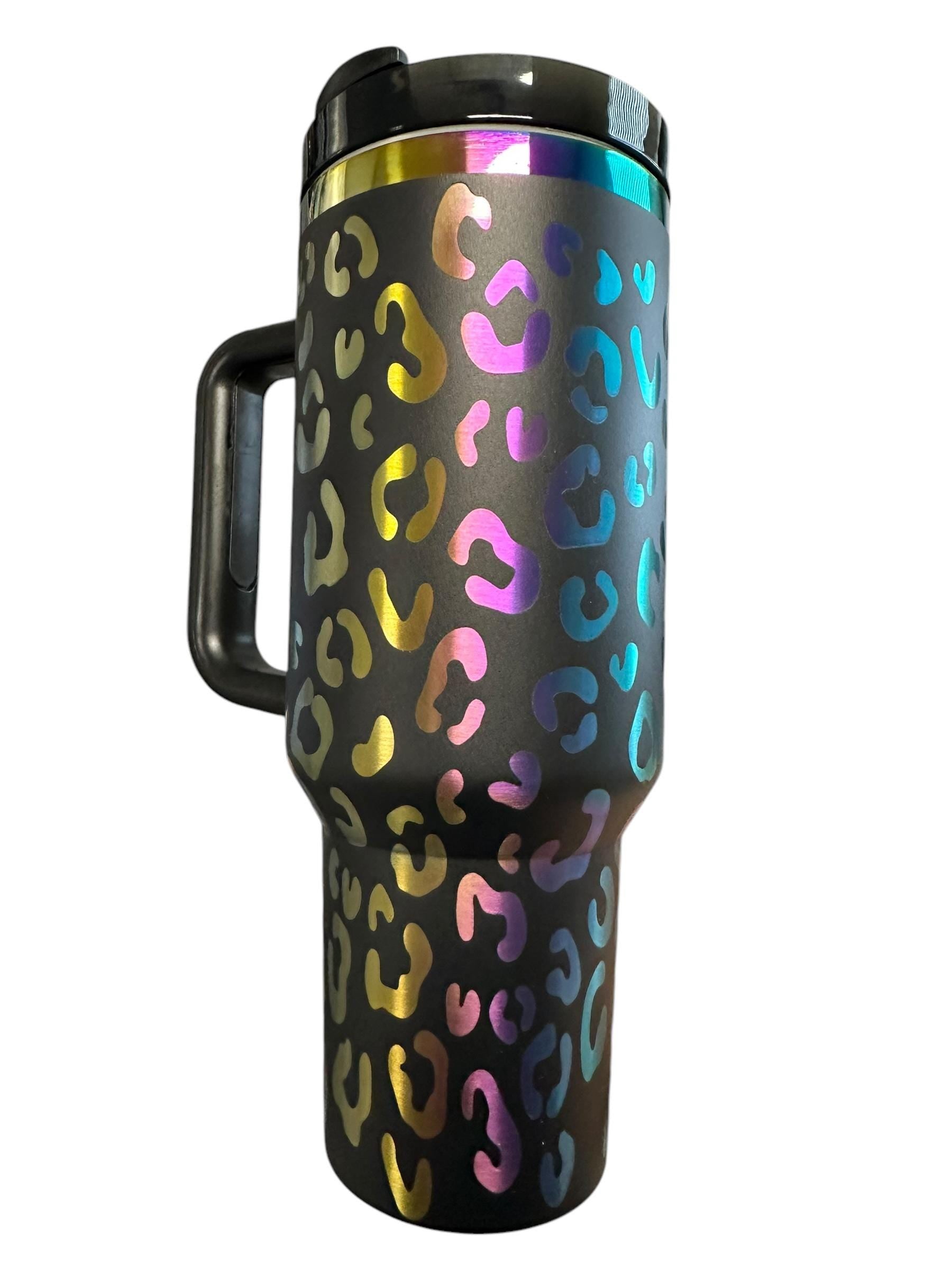 Personalized Holographic Cheetah Print Tumbler | Custom Name Rainbow Leopard Cup | Laser Engraved Travel Mug with Handle | Gift for Her