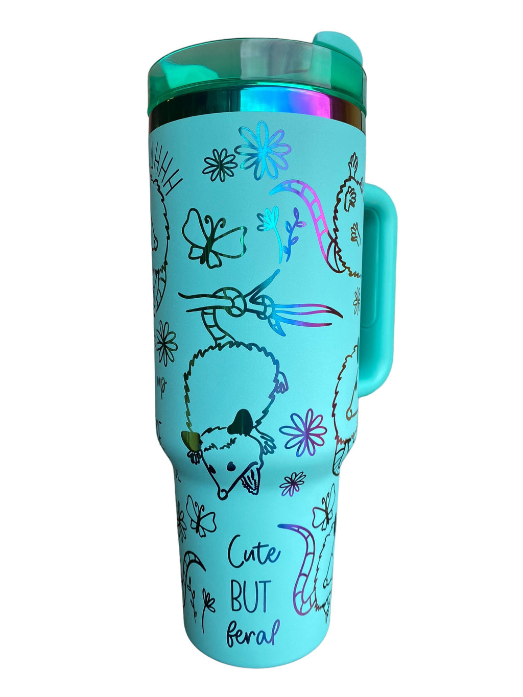Cute but Feral Tumbler- Trash Panda 40oz tumbler, opposum Engraved Tumbler, funny possum Gift, Laser engraved, Floral tumbler Flower tumbler