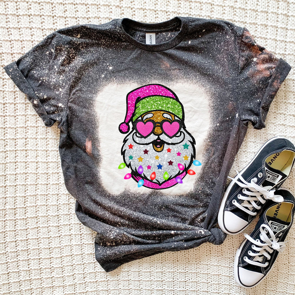 Neon Santa Shirt - Leopard Print Sleeves - Trendy Santa Shirt - Bleached santa tshirt - Pink Santa Shirt - Pink Christmas Shirt