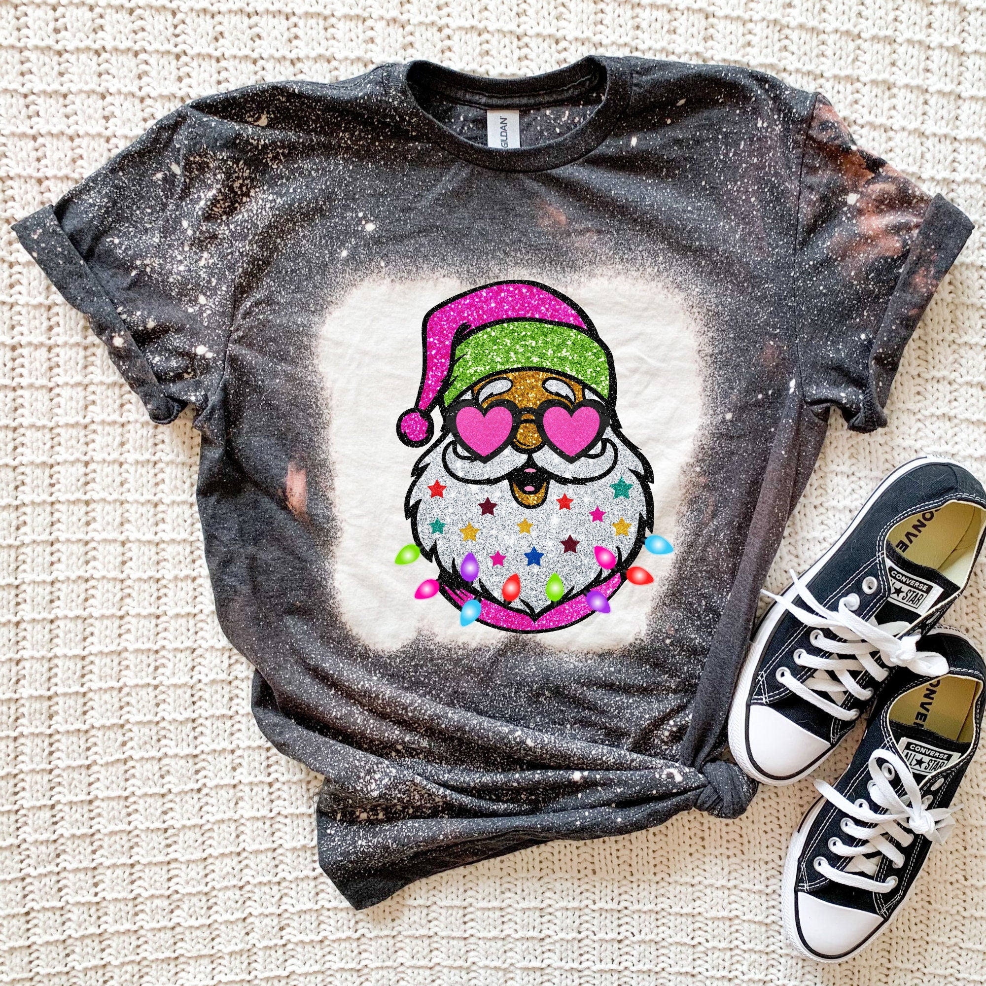 Neon Santa Shirt - Leopard Print Sleeves - Trendy Santa Shirt - Bleached santa tshirt - Pink Santa Shirt - Pink Christmas Shirt