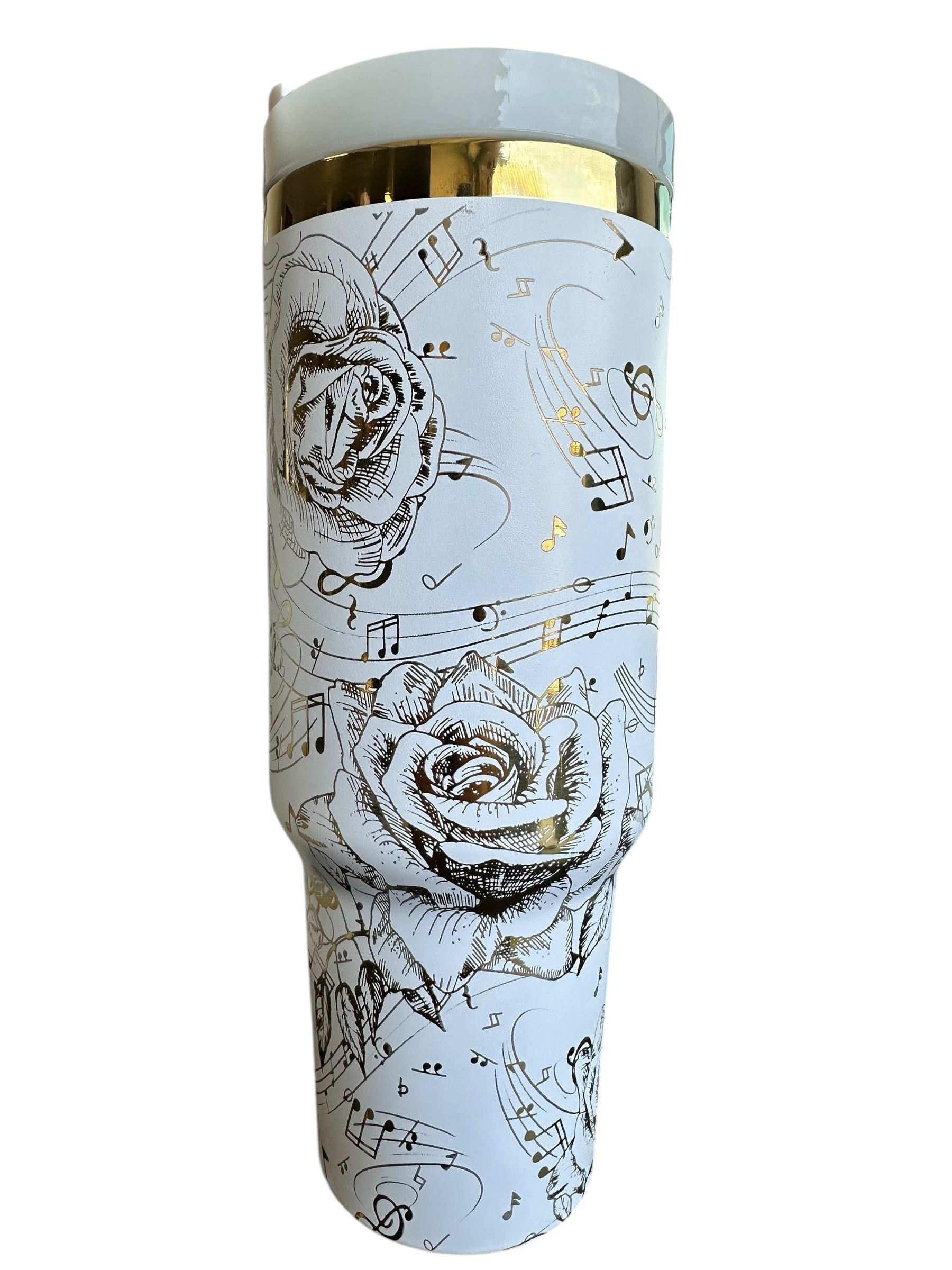 Music Tumbler - 40oz tumbler, Music Note Engraved Tumbler- Musician- Song Writer Pianist Floral tumbler, Flower tumbler, Custom 40oz tumbler