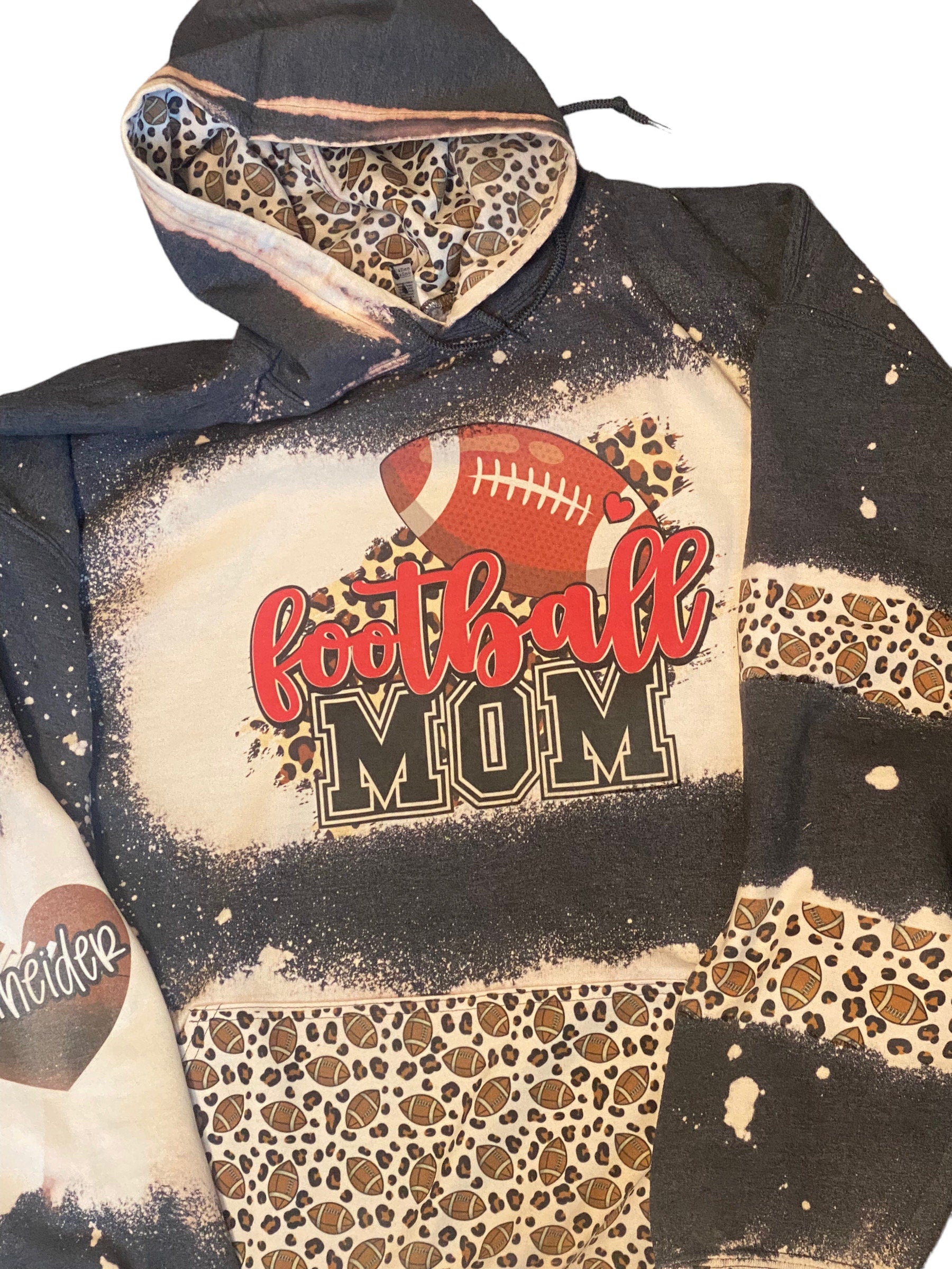Football Mom Bleached Hoodie -  Custom Football eart with Names on Sleeve - Bleached Hoodie - Custom Hoodie - Football Shirt Sweatshirt