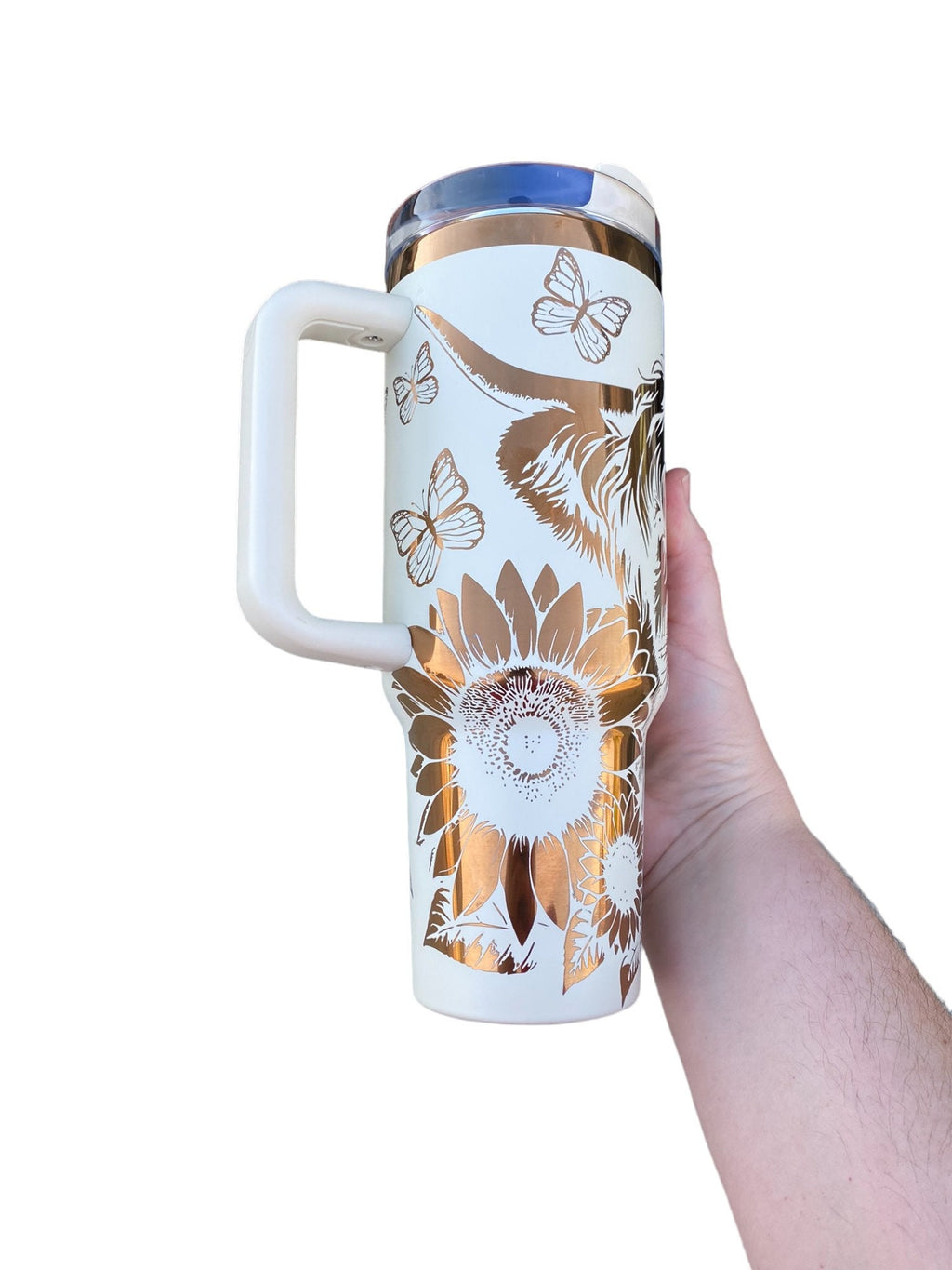 Highland Cow and Sunflowers Tumbler  - engraved Country Tumbler - 40oz tumbler with handle - Cow Print Tumbler - Copper Cream Longhorn Cow