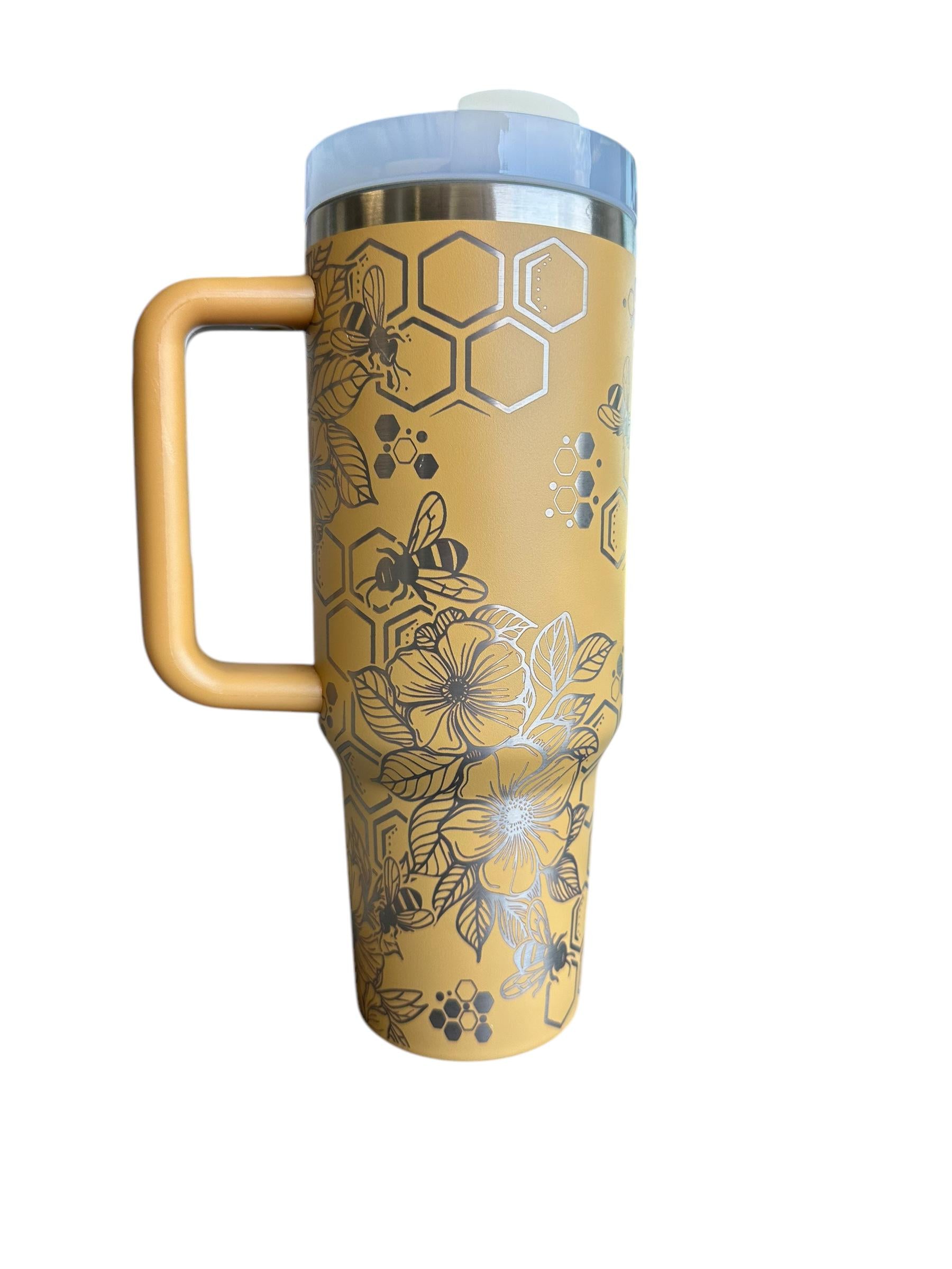 Floral Honey Bee Engraved Tumbler  - engraved Country Tumbler - 40oz tumbler with handle Custom Tumbler - Yellow Floral Tumbler