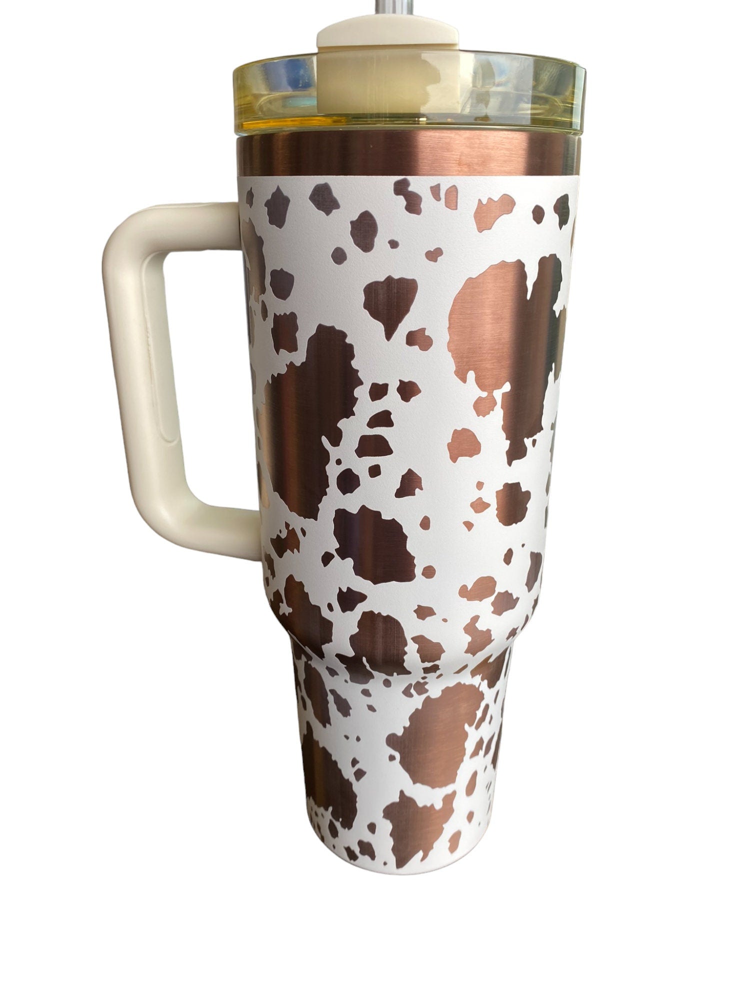Cowhide Print Tumbler  - engraved Country Tumbler - 40oz tumbler with handle - Cow Print Tumbler - Copper Cream Longhorn Cow