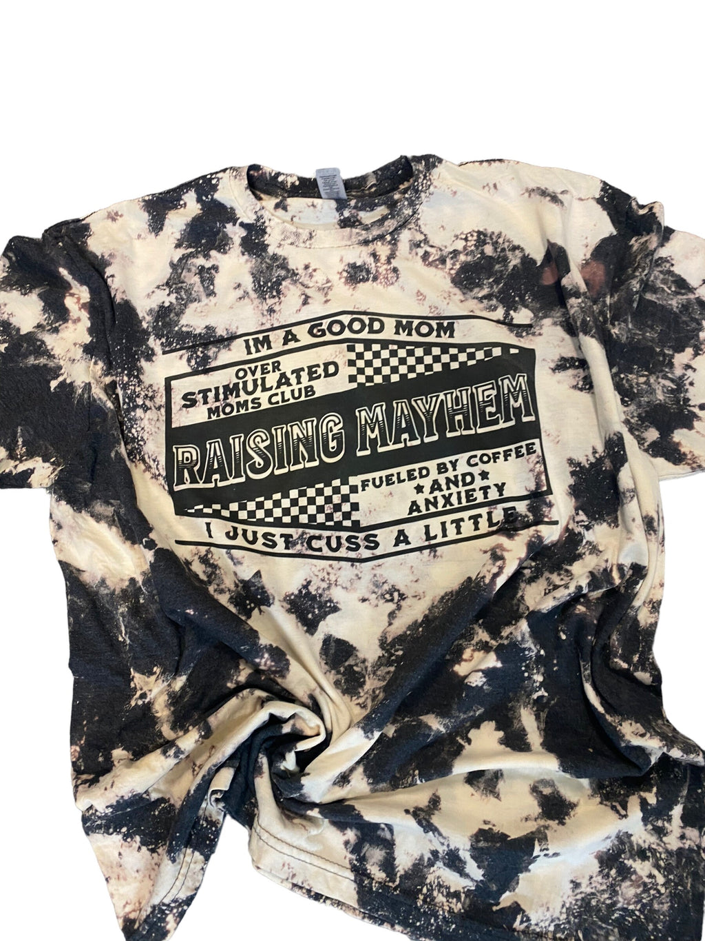 Raising Mayhem Shirt - Acid Wash Motherhood Shirt- Bleached Mom Shirt - Good Mom Cuss a Little Shirt - Fueled by Coffee and Anxiety Shirt