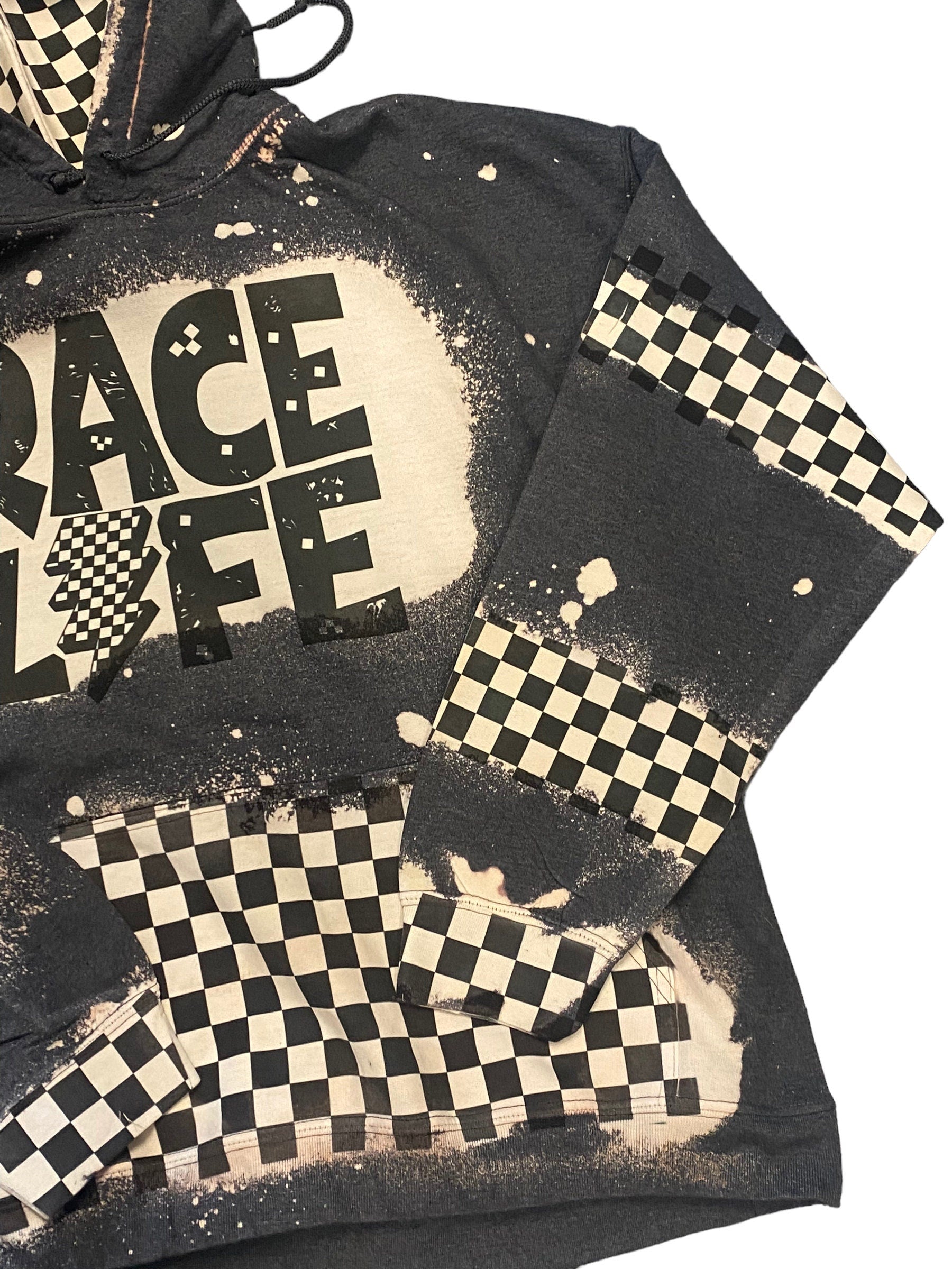 Race Life Bleached Hoodie - Racing hoodie Personalized number name - Car Truck Checkered Flag Dirt Track Motocross - Dirt Bike