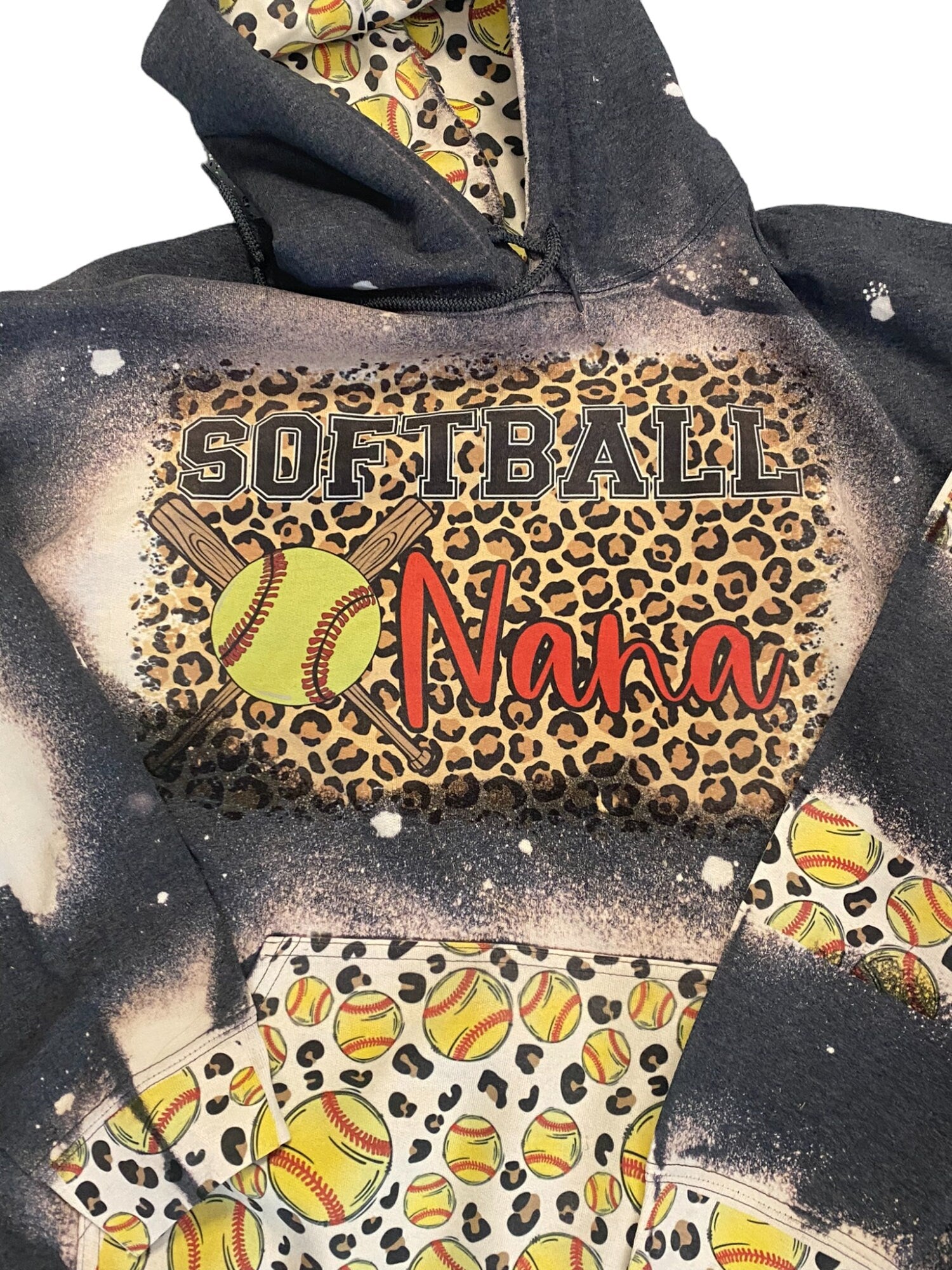 Softball Nana Bleached Hoodie - Custom Softball Heart with Names on Sleeve - Bleached Hoodie - Custom Hoodie - Softball Sweatshirt