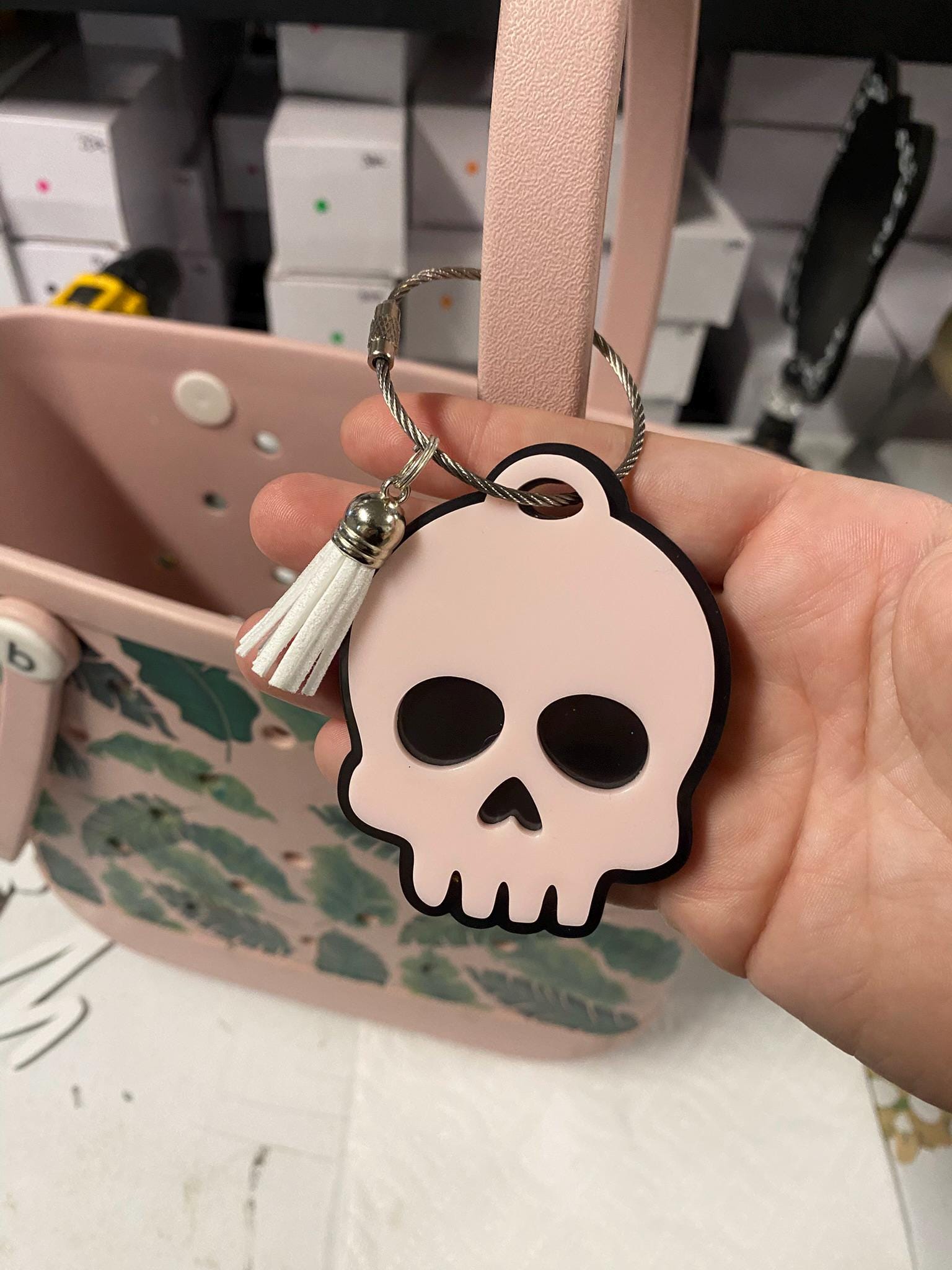 Cute Skull Acrylic Bag Tag | Pink Skull Keychain | Kawaii Gothic Bag Charm | Pastel Goth Accessory | Purse Tag | Backpack Charm
