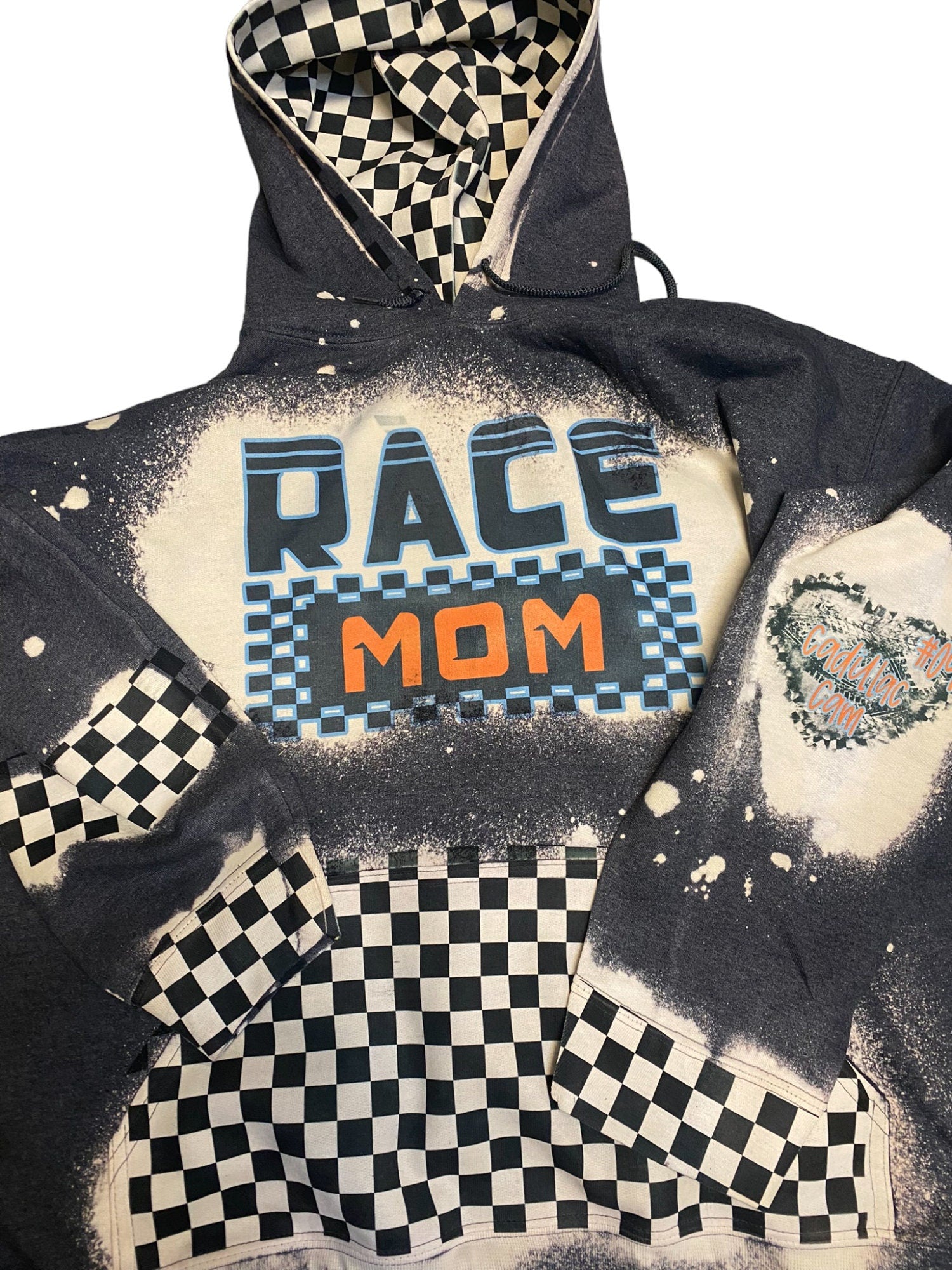 Race Mom Bleached Hoodie - Custom Color Racing hoodie Personalized number name - Car Truck Checkered Flag Dirt Track Motocross - Dirt Bike