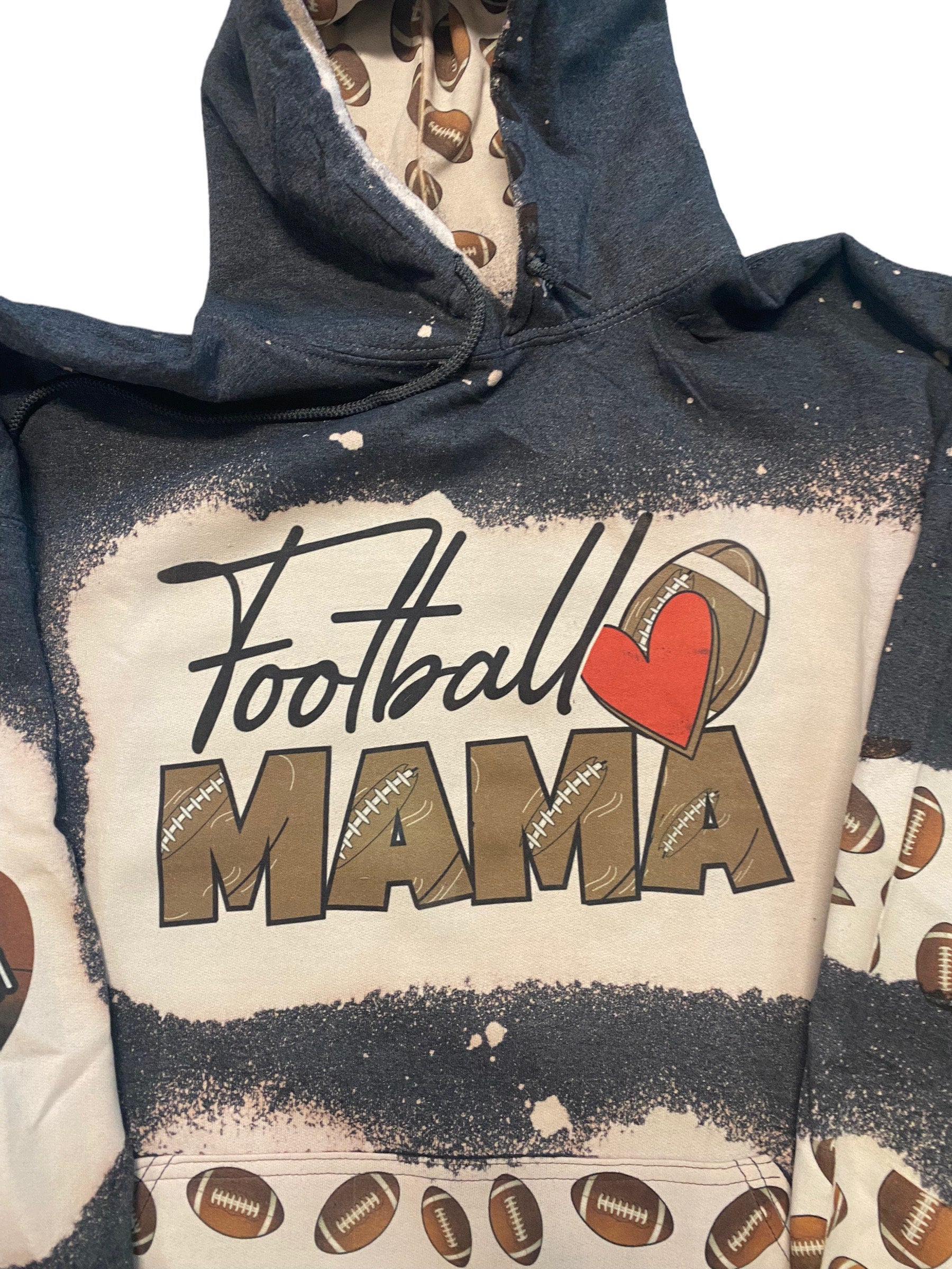 Football Mama Bleached Hoodie-no cheetah  -  Custom Football heart on my Sleeve hoodie - Bleached Hoodie - Custom Hoodie - Football Shirt
