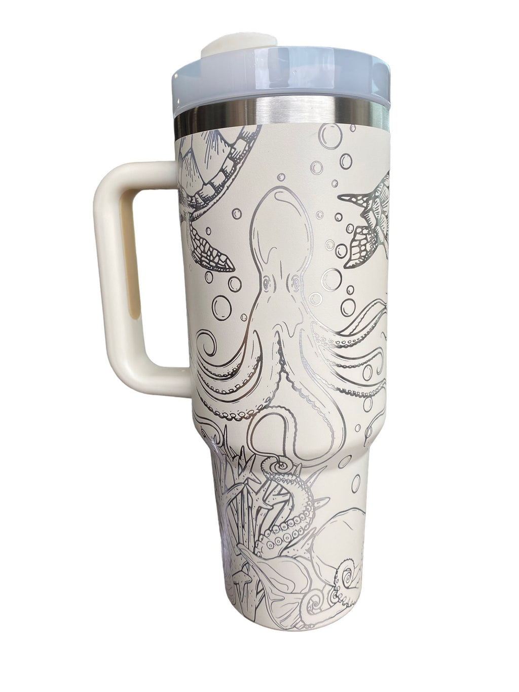 Octopus and Turtle Engraved Cup - Custom Engraved Cup  - 40oz tumbler with handle - Ocean Theme Tumbler