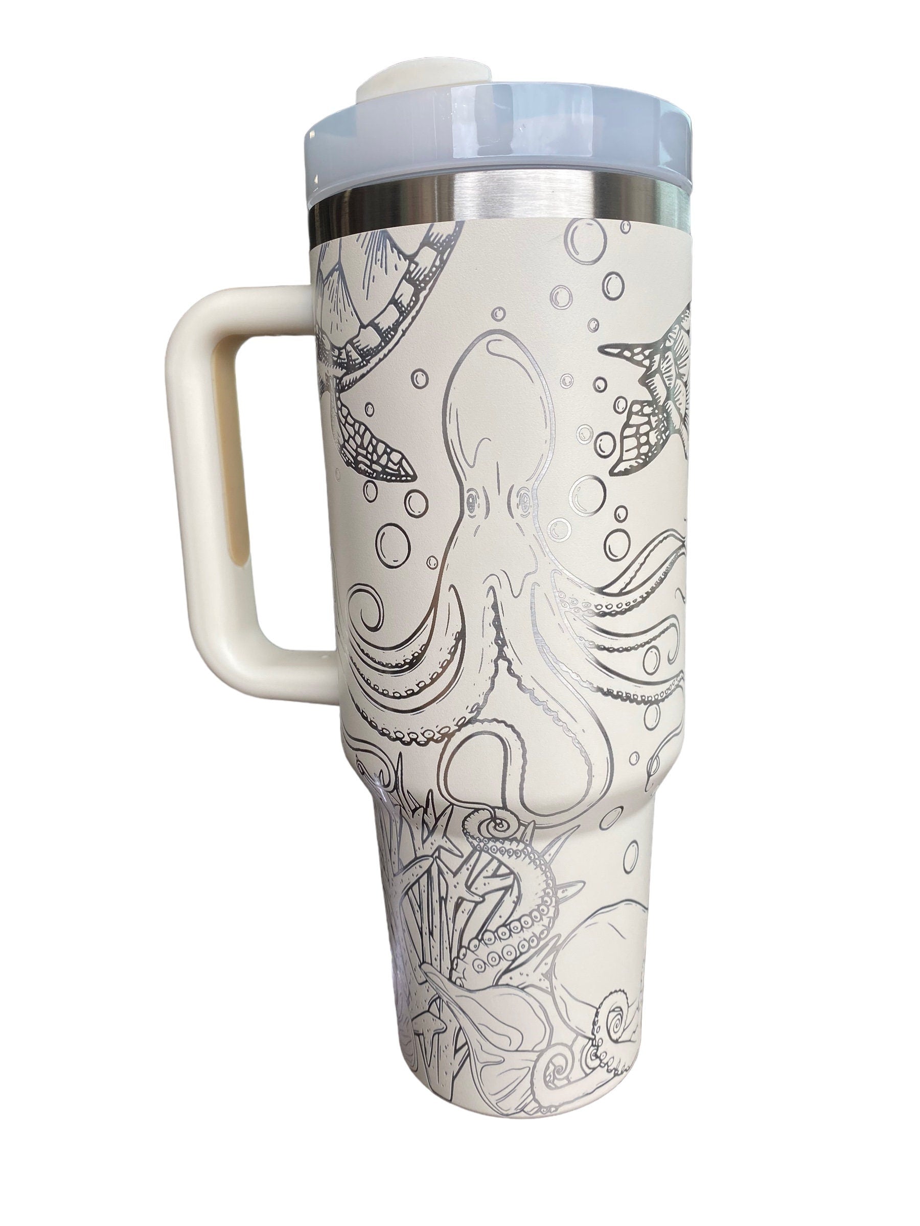 Octopus and Turtle Engraved Cup - Custom Engraved Cup  - 40oz tumbler with handle - Ocean Theme Tumbler