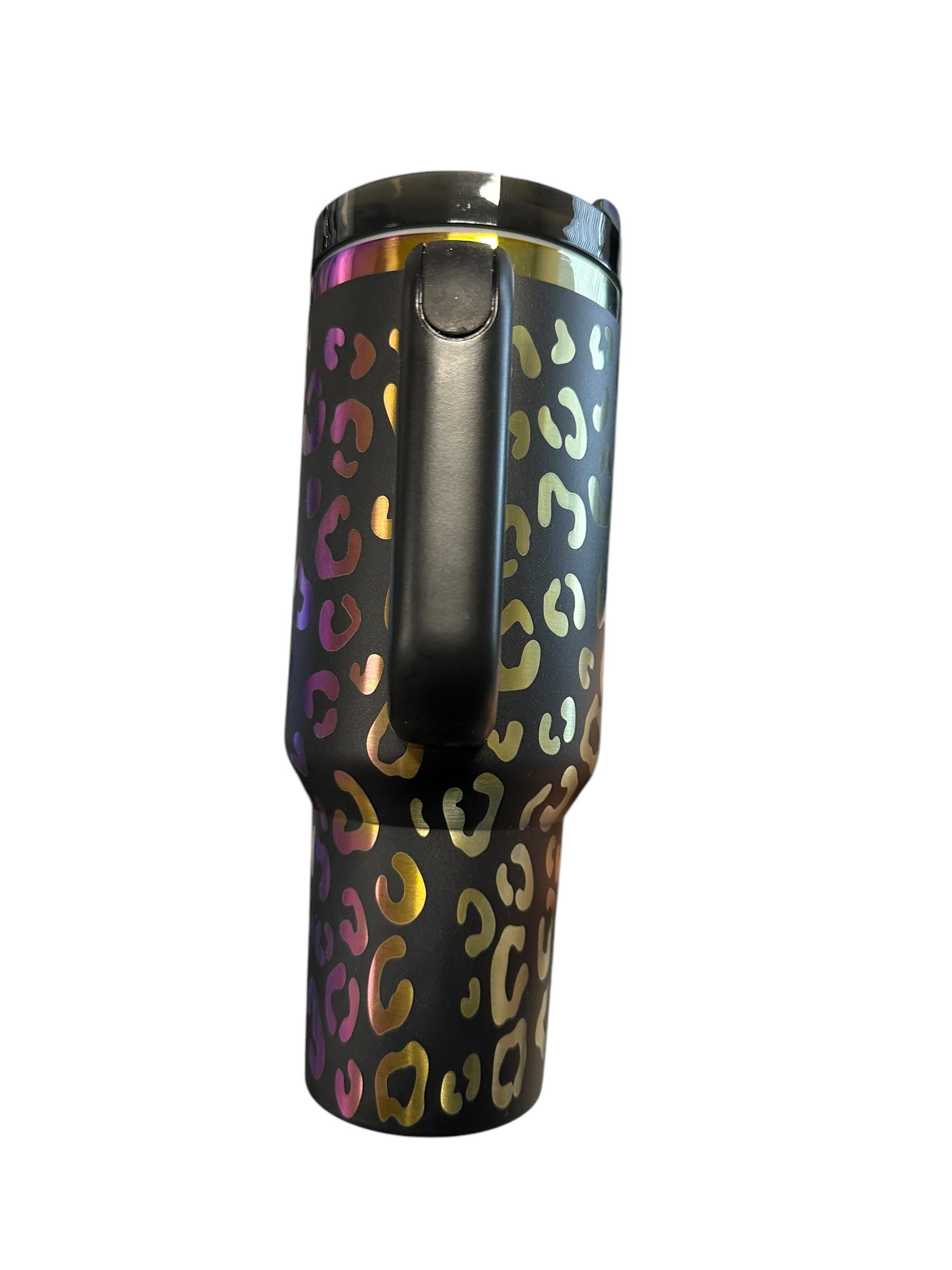 Personalized Holographic Cheetah Print Tumbler | Custom Name Rainbow Leopard Cup | Laser Engraved Travel Mug with Handle | Gift for Her