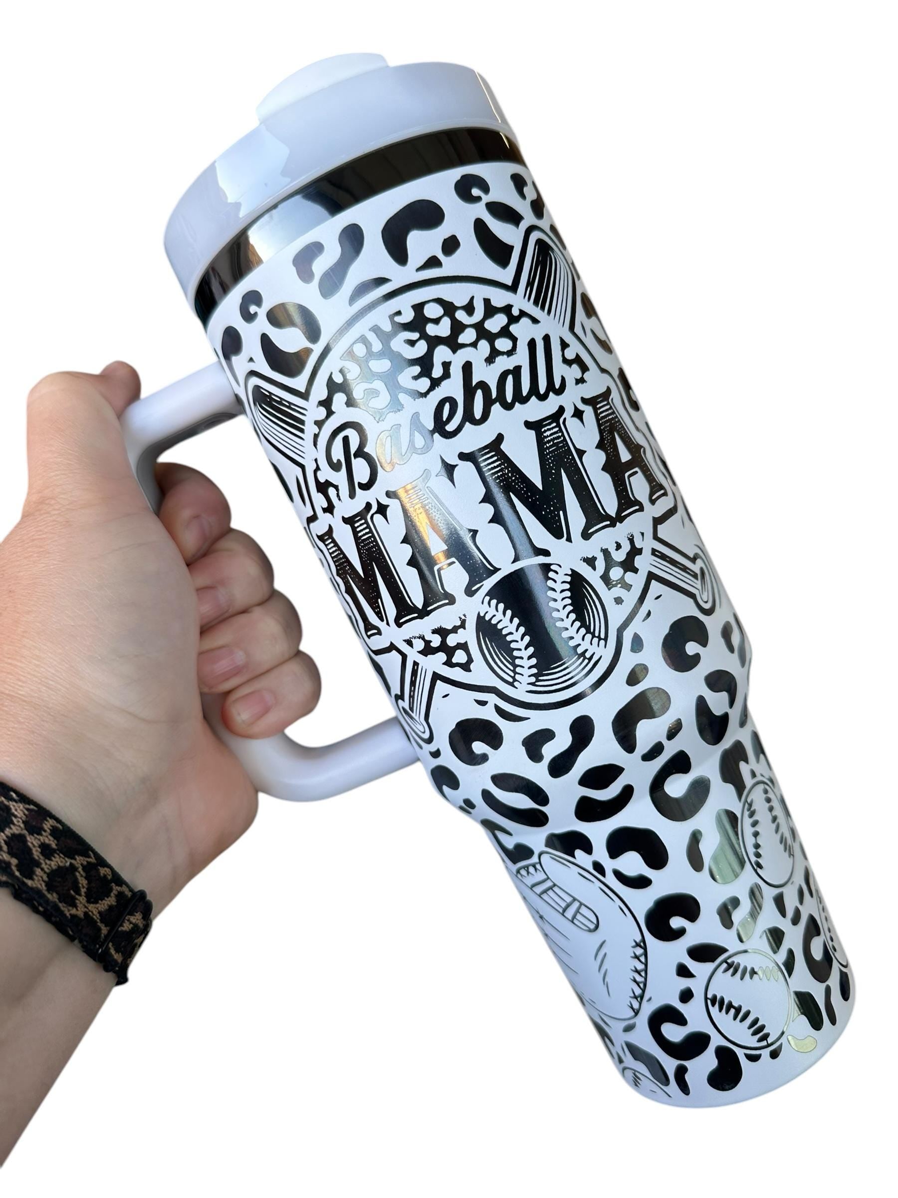 Baseball Mama engraved Tumbler - Leopard Baseball Cup - Cute Baseball Stand Accessory - 40oz tumbler with handle - Baseball Life