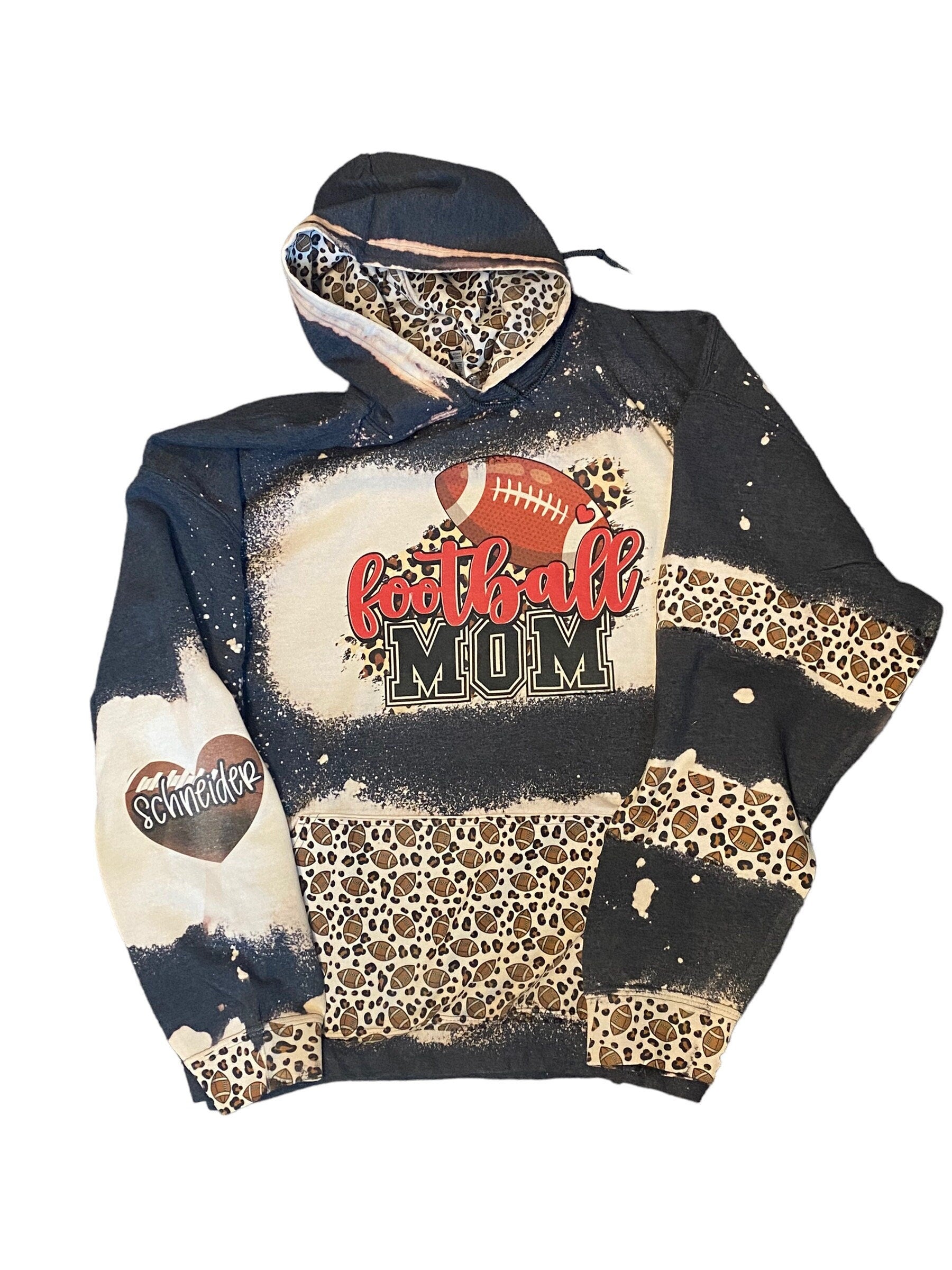 Football Mom Bleached Hoodie -  Custom Football eart with Names on Sleeve - Bleached Hoodie - Custom Hoodie - Football Shirt Sweatshirt