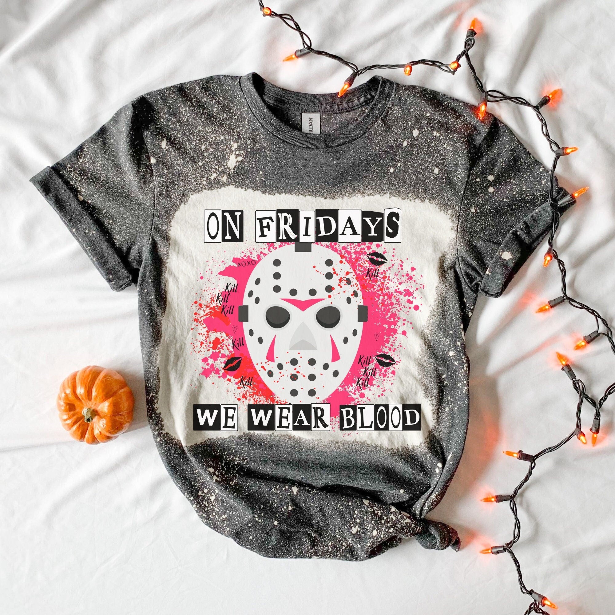 On fridays We Wear Blood Shirt - Halloween Jason Shirt - Skeleton Shirt - Grim Reaper Shirt- bleached T-shirt - Fall shirt - Halloween shirt