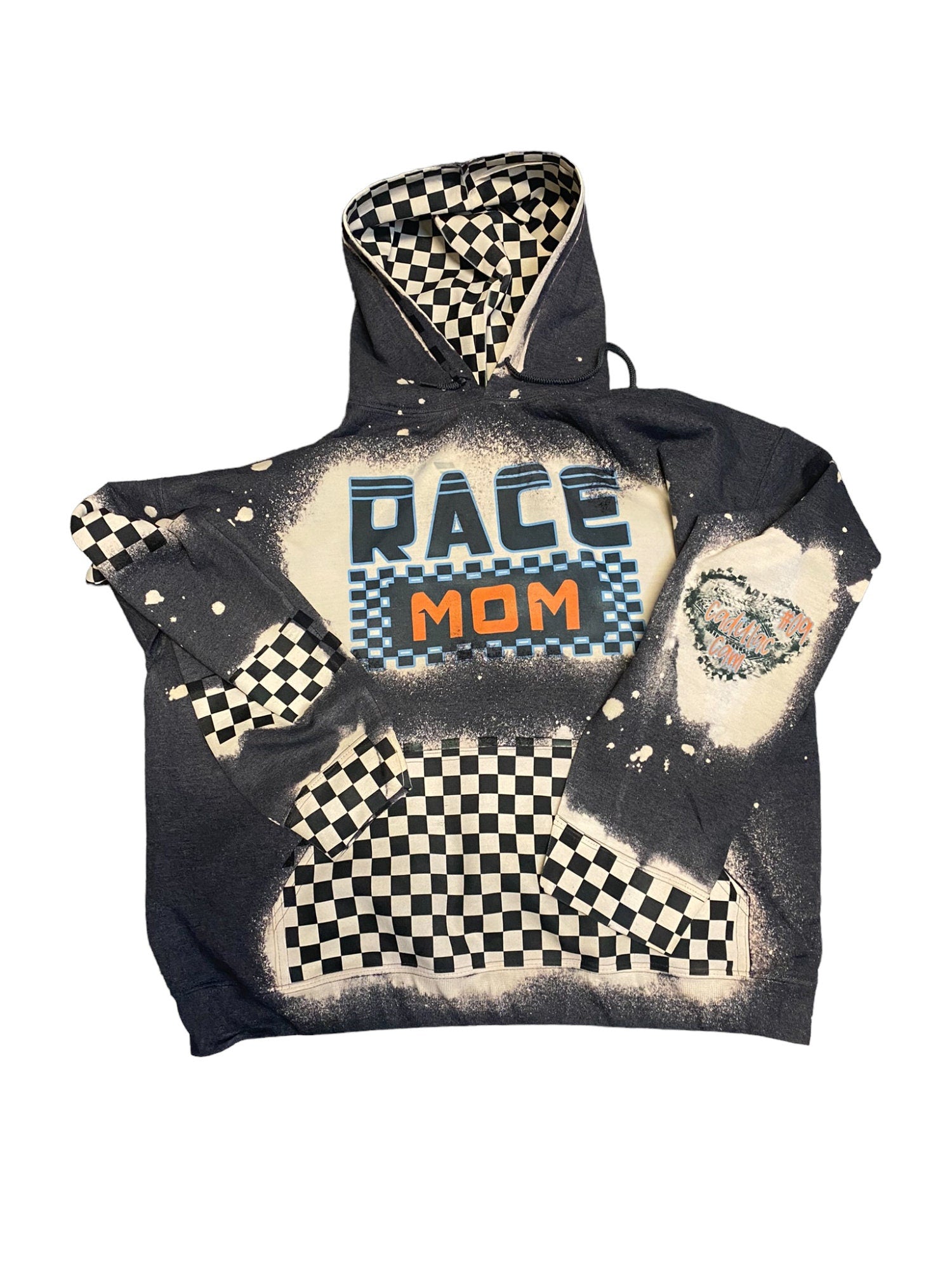 Race Mom Bleached Hoodie - Custom Color Racing hoodie Personalized number name - Car Truck Checkered Flag Dirt Track Motocross - Dirt Bike