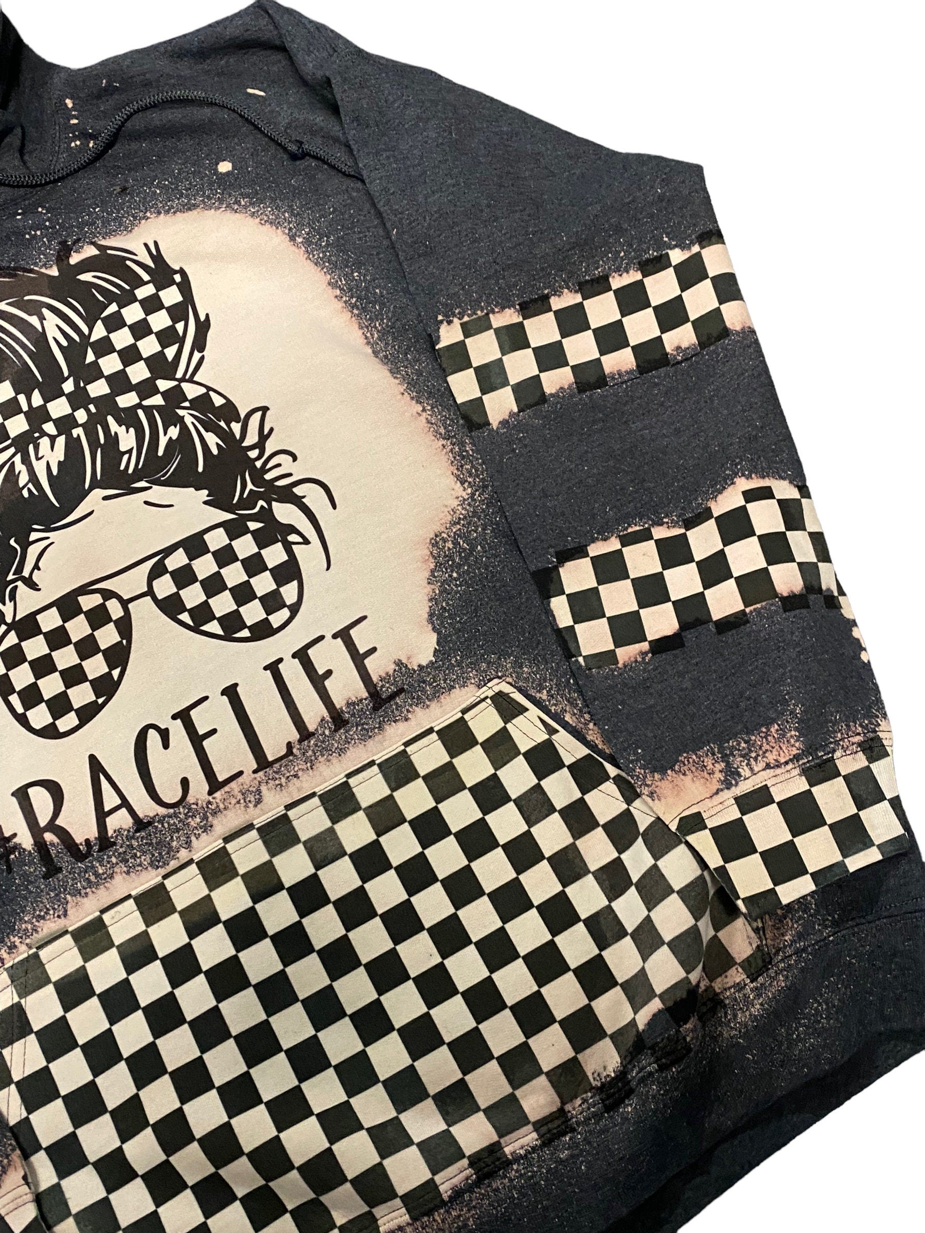 Messy Bun Race Life Bleached Hoodie - Racing hoodie - Car Truck Checkered Flag Dirt Track Motocross - Dirt Bike
