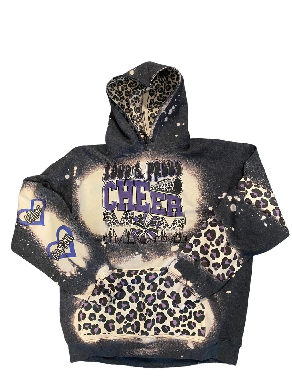 Loud and Proud Cheer Mom Bleached Hoodie - Custom Cheer Heart with Names on Sleeve - Bleached Hoodie - Custom Hoodie - Cheer Mom Sweatshirt