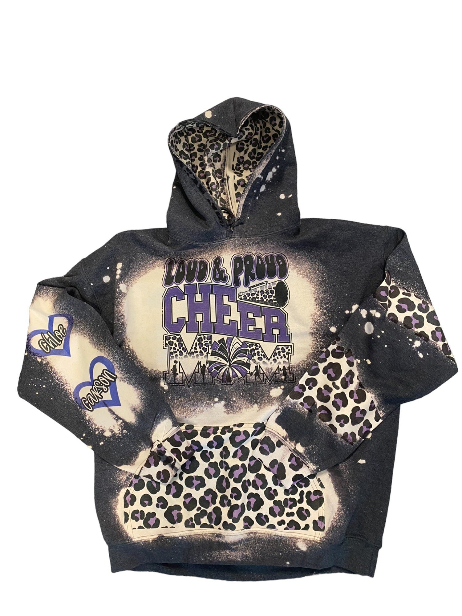 Loud and Proud Cheer Mom Bleached Hoodie - Custom Cheer Heart with Names on Sleeve - Bleached Hoodie - Custom Hoodie - Cheer Mom Sweatshirt