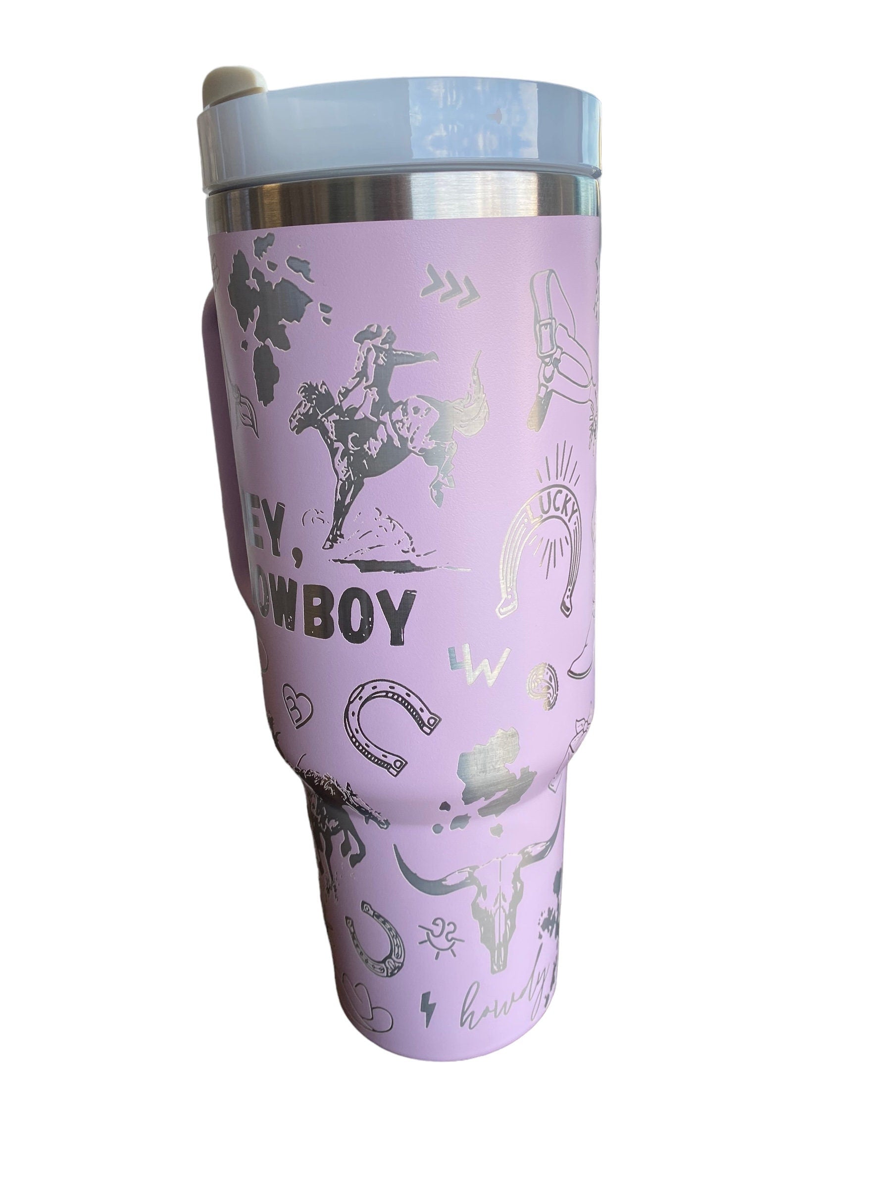 Hey Cowboy Tumbler  - Engraved Country Western tumbler - 40oz tumbler with handle - Cowgirl Tumbler