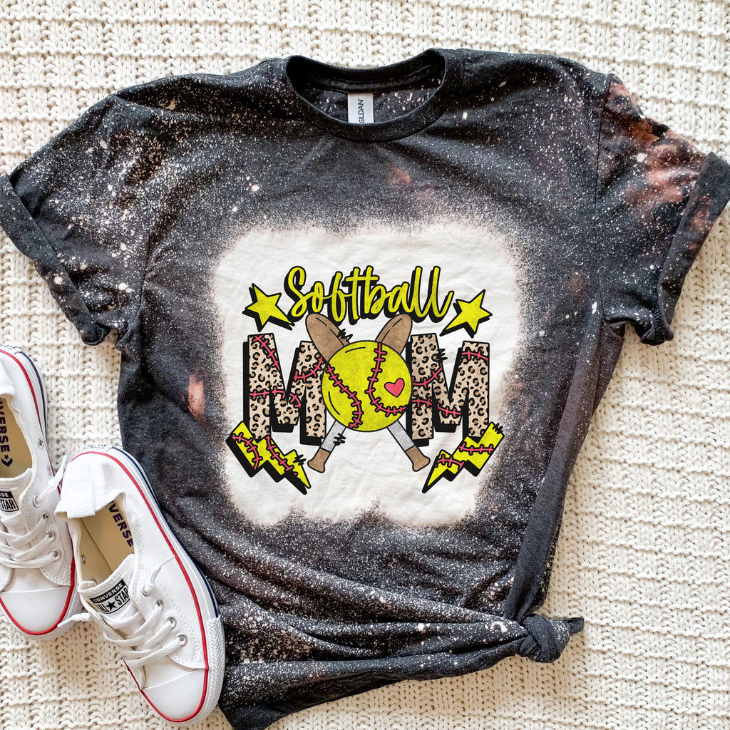 Crossed Bats Softball Mom T-Shirt - Bleached Baseball T-Shirt - Softball Mama Shirt - Softball Mom Shirt - Softball Mama