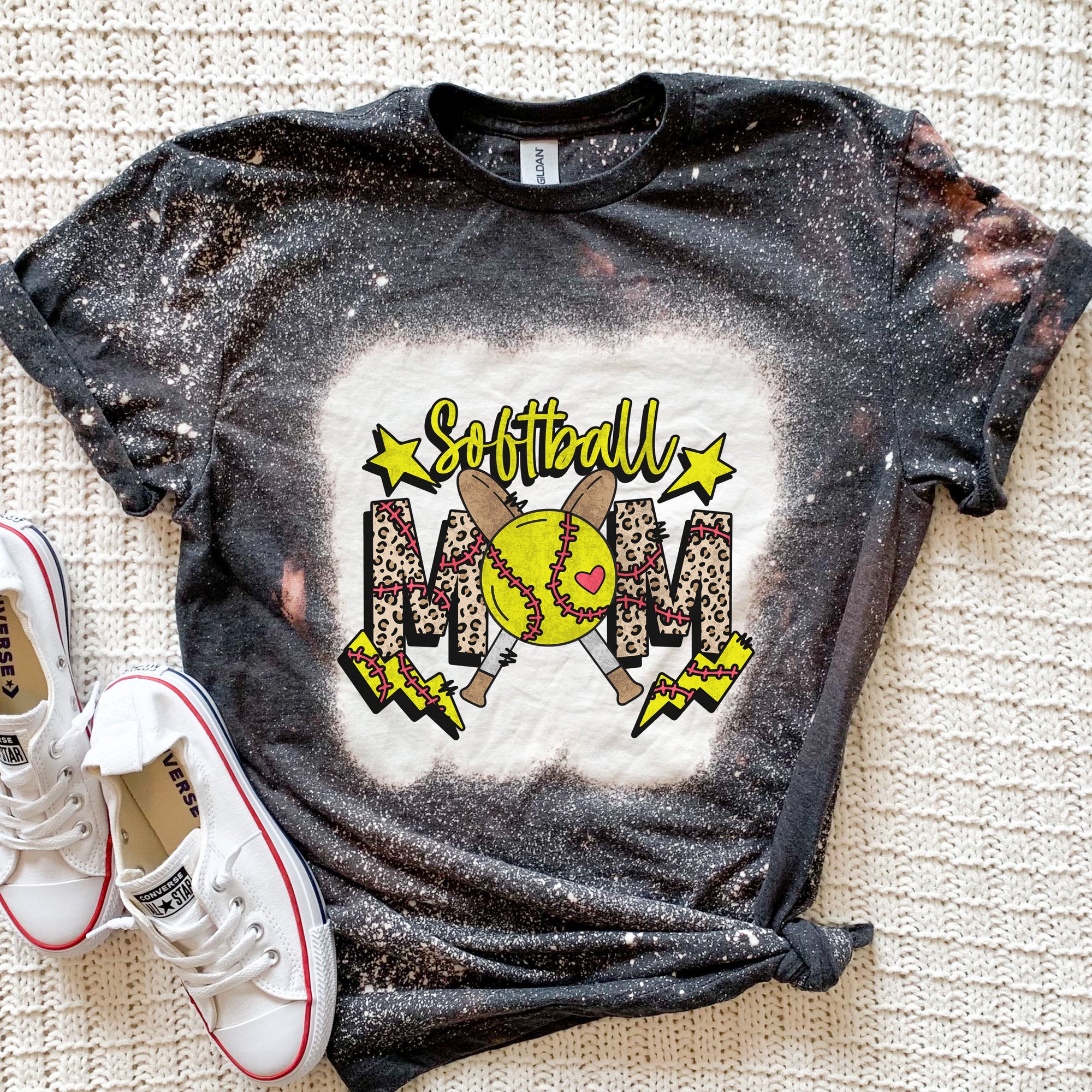 Crossed Bats Softball Mom T-Shirt - Bleached Baseball T-Shirt - Softball Mama Shirt - Softball Mom Shirt - Softball Mama
