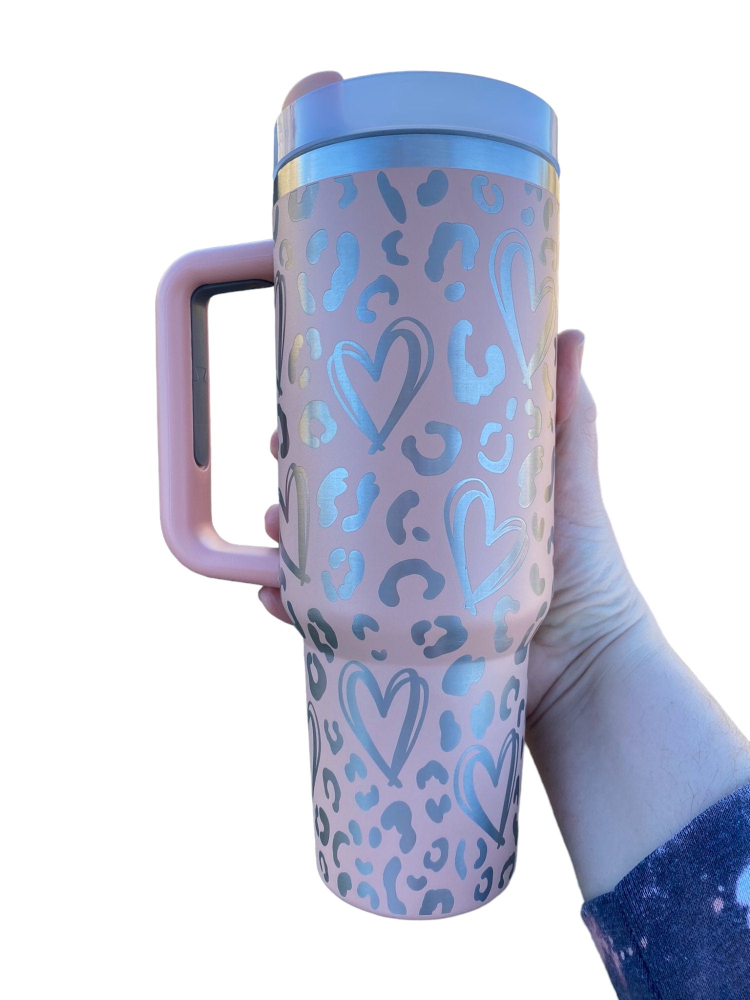 Leopard Hearts Cup - Pink Cheetah Heart Cup - Cute Hearts Tumbler - Valentine Gift - 40oz tumbler with handle