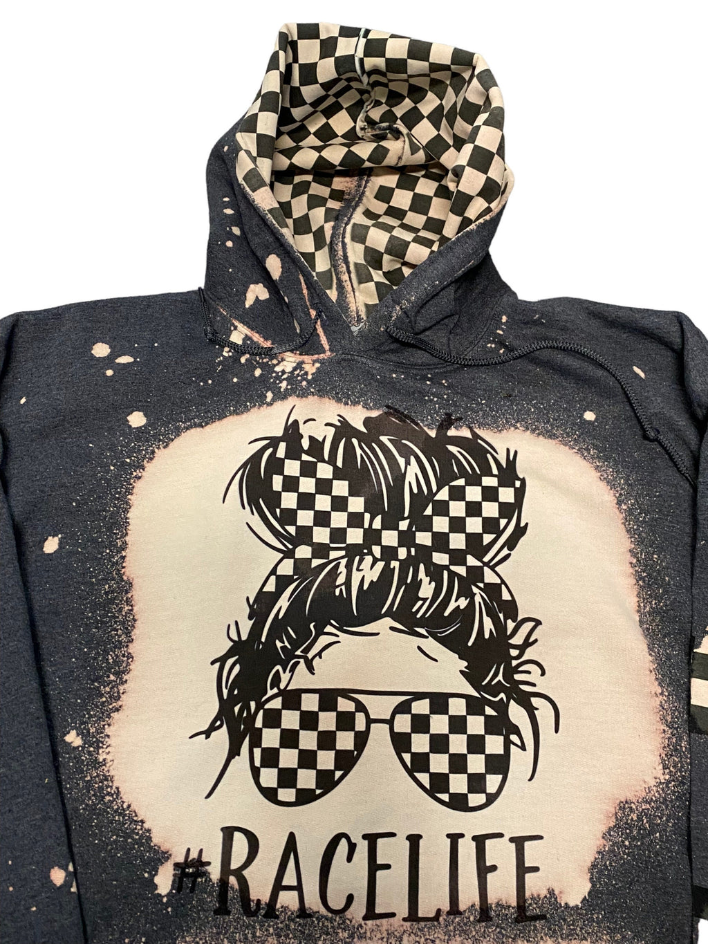 Messy Bun Race Life Bleached Hoodie - Racing hoodie - Car Truck Checkered Flag Dirt Track Motocross - Dirt Bike