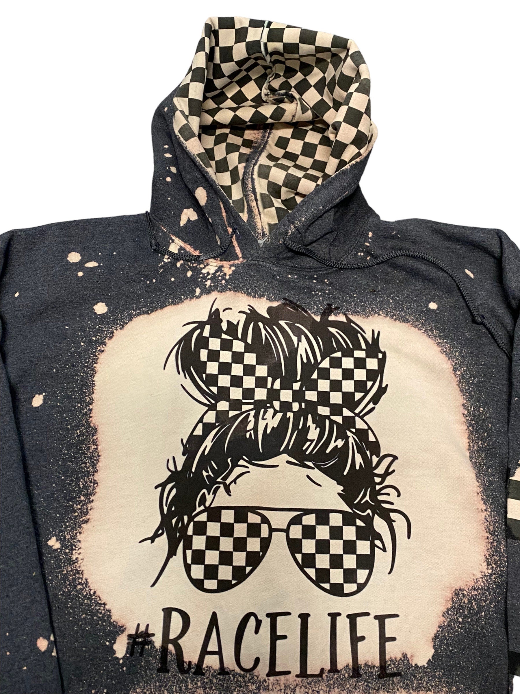 Messy Bun Race Life Bleached Hoodie - Racing hoodie - Car Truck Checkered Flag Dirt Track Motocross - Dirt Bike
