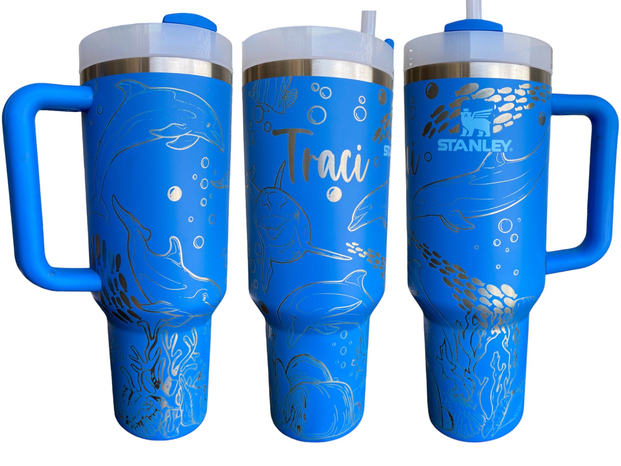 Dolphin Engraved Cup - Custom Engraved Cup  - 40oz tumbler with handle - Ocean Theme Tumbler