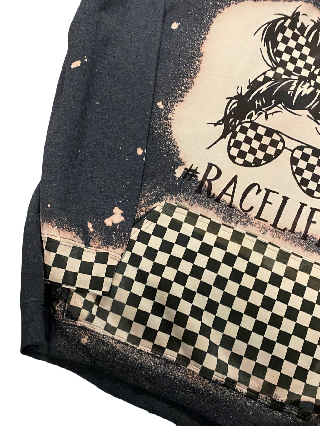 Messy Bun Race Life Bleached Hoodie - Racing hoodie - Car Truck Checkered Flag Dirt Track Motocross - Dirt Bike