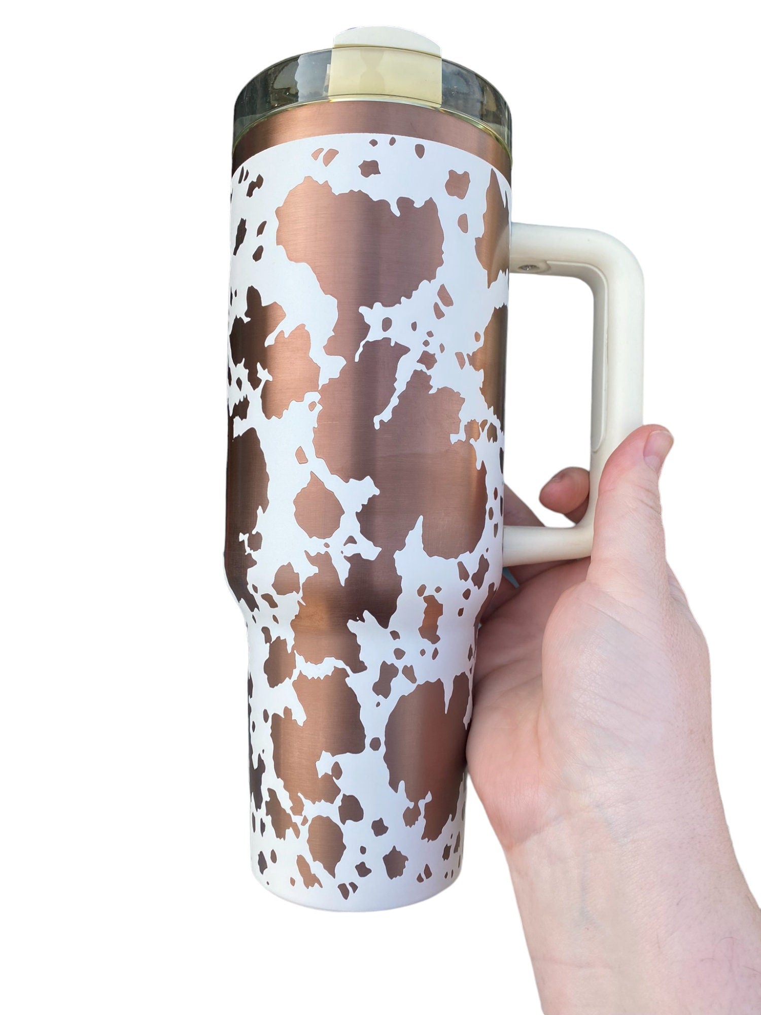 Cowhide Print Tumbler  - engraved Country Tumbler - 40oz tumbler with handle - Cow Print Tumbler - Copper Cream Longhorn Cow