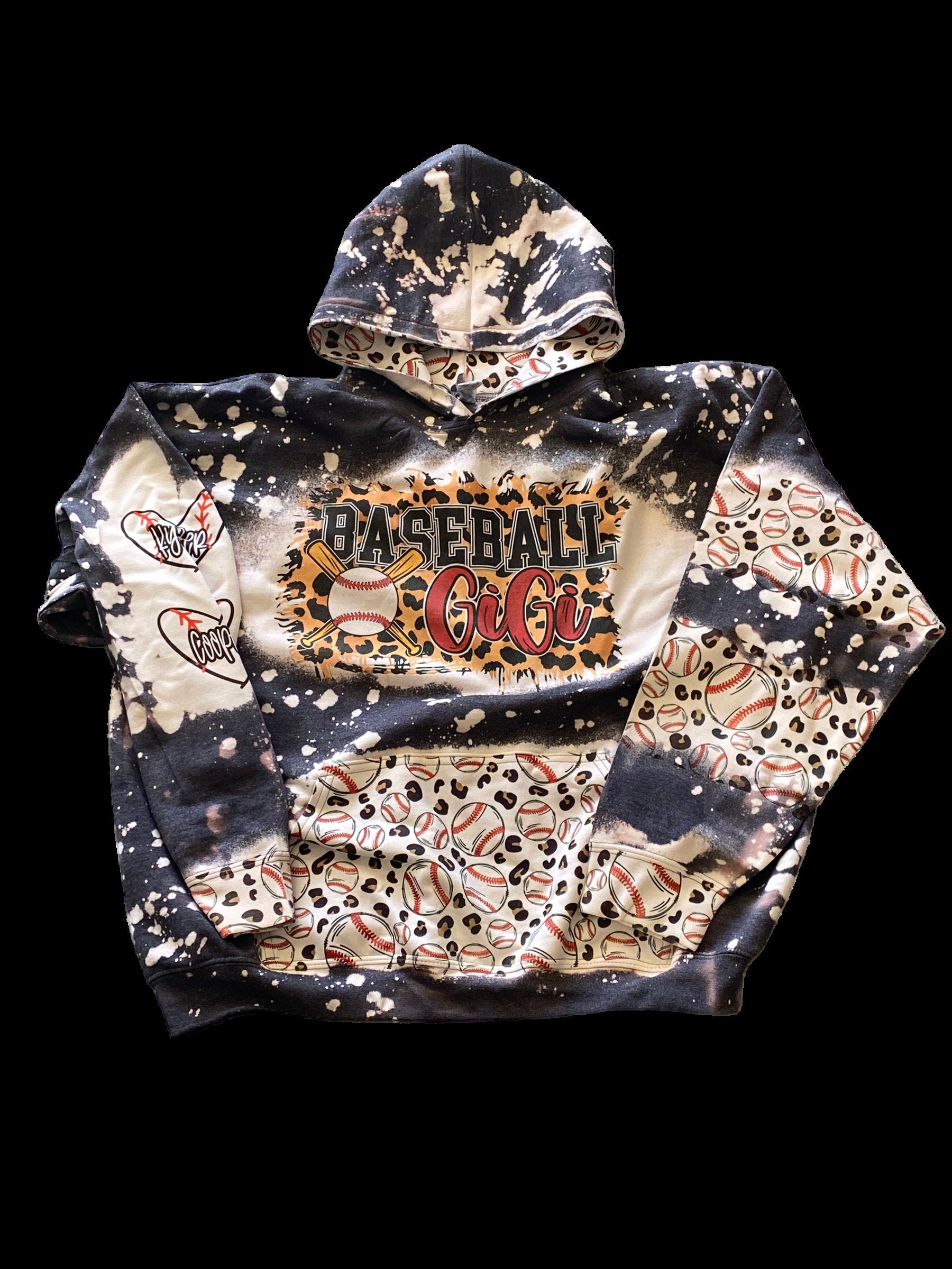 Baseball Gigi Bleached Hoodie - Custom baseball Heart with Names on Sleeve - Bleached Hoodie - Custom Hoodie - Baseball Shirt Sweatshirt