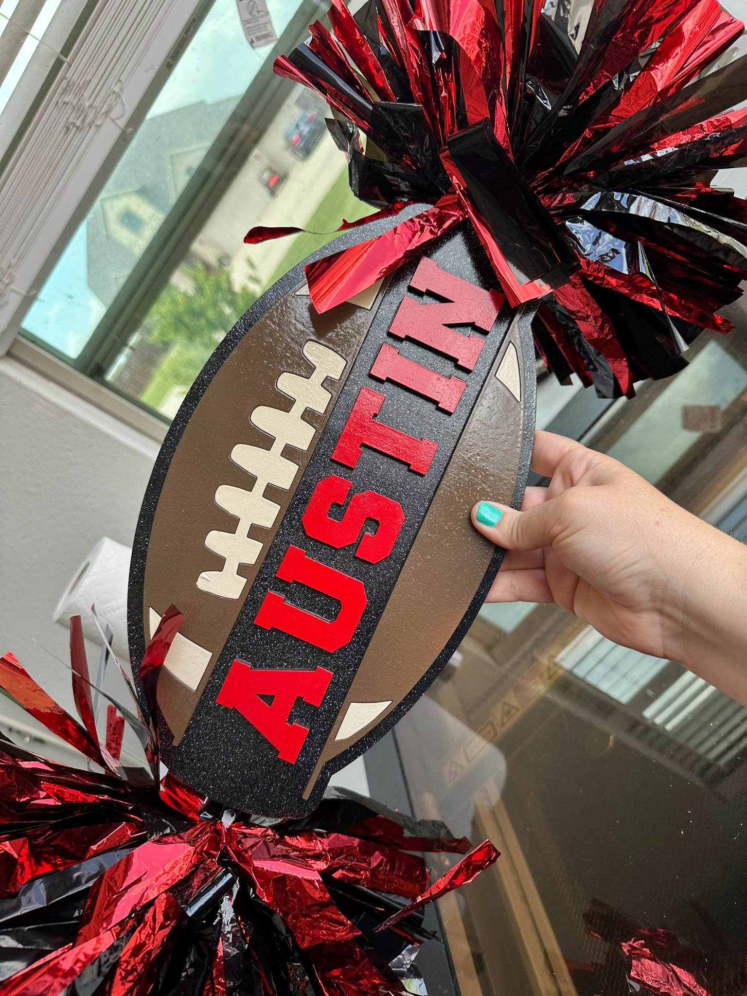 Football Pom Pom Sign Custom Cheer Stick - Game Day Signs - Custom Cheer Stick - Personalized Name Cheer Sign - Sport Mom Sign - Pom Poms