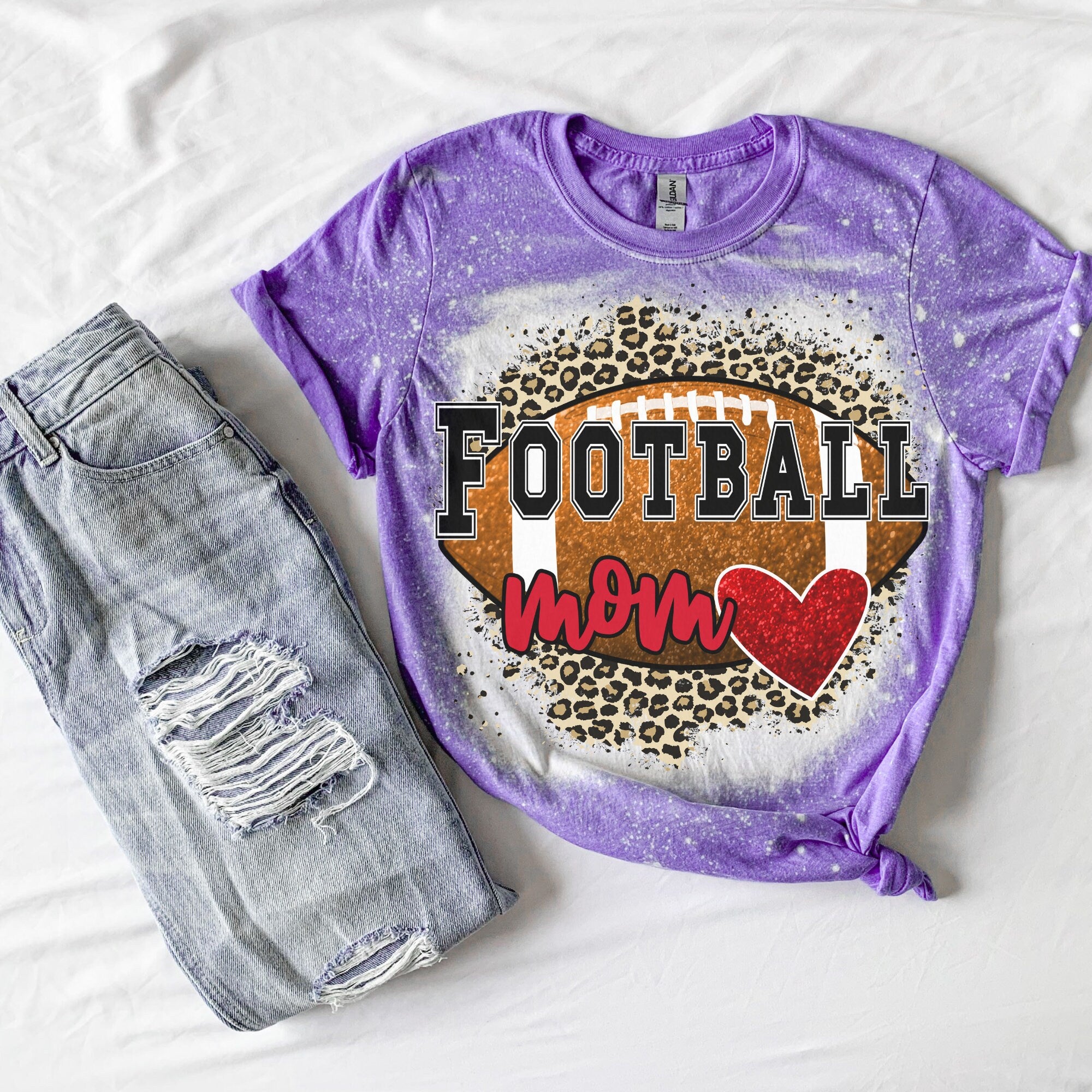 Football Mom Heart Shirt - Cheetah Helmet Football Shirt- Bleached Sports Shirt - Leopard Football Shirt - Football Shirt - Bleached Tee