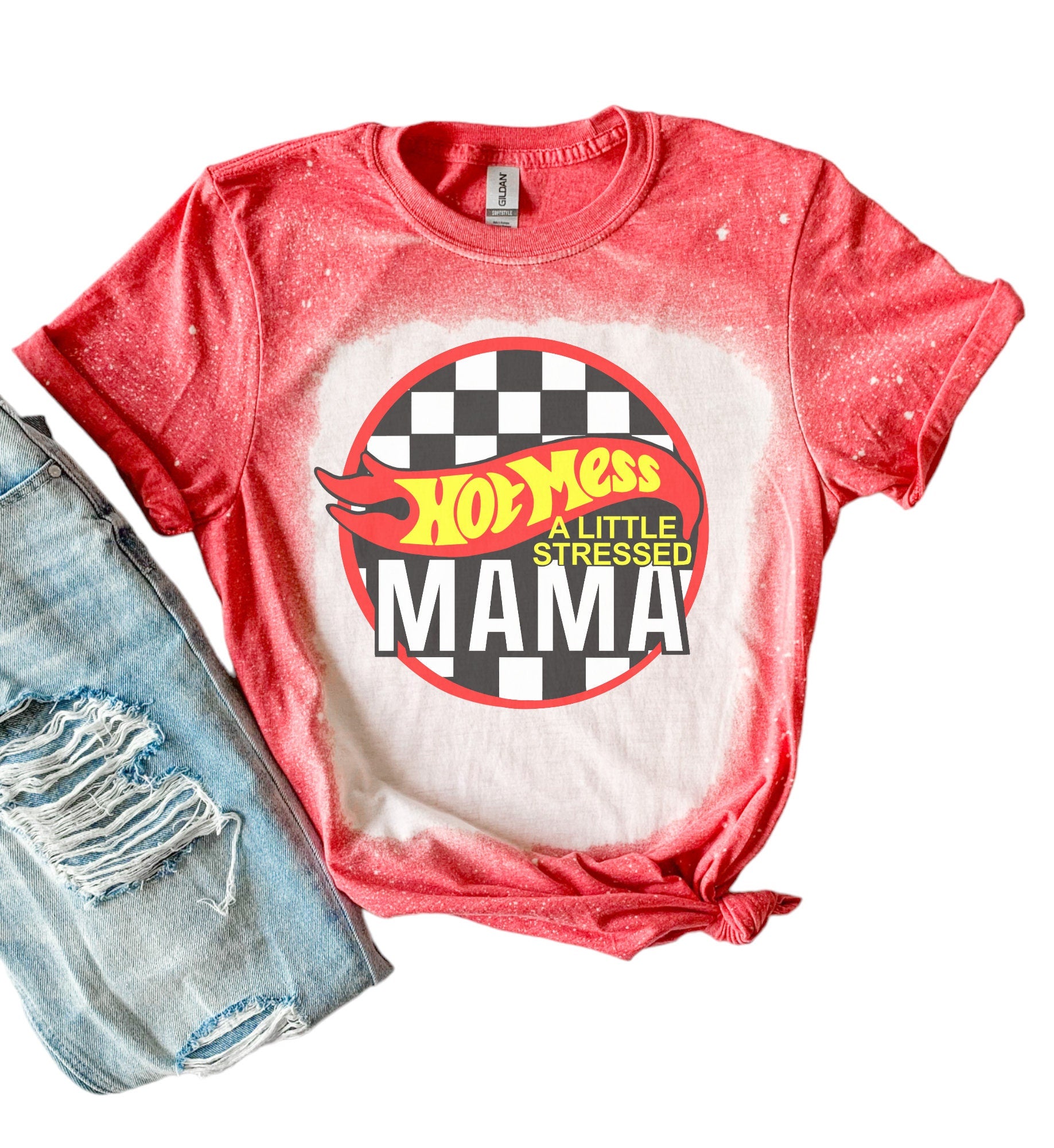 Hot Mess  Mama - Little Stressed Mom Shirt - Bleached Mom Shirt - Mom Shirt - Boy Mama - Motherhood Shirt - Race Car Mom Shirt