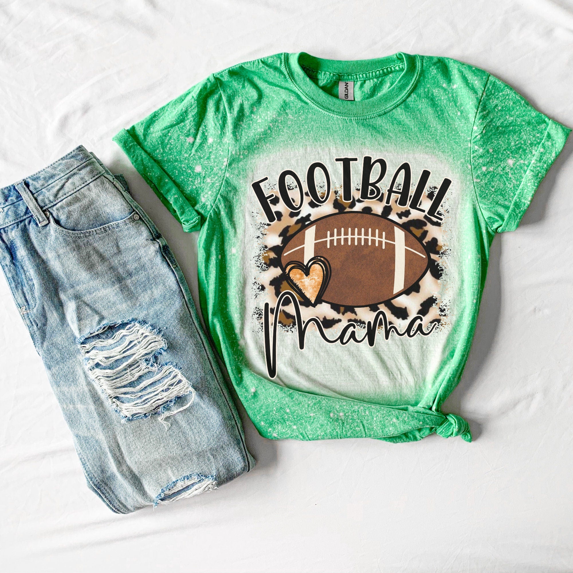 Football mama Heart Shirt - Cheetah Helmet Football Shirt- Bleached Sports Shirt - Leopard Football Shirt - Football Shirt - Bleached Tee