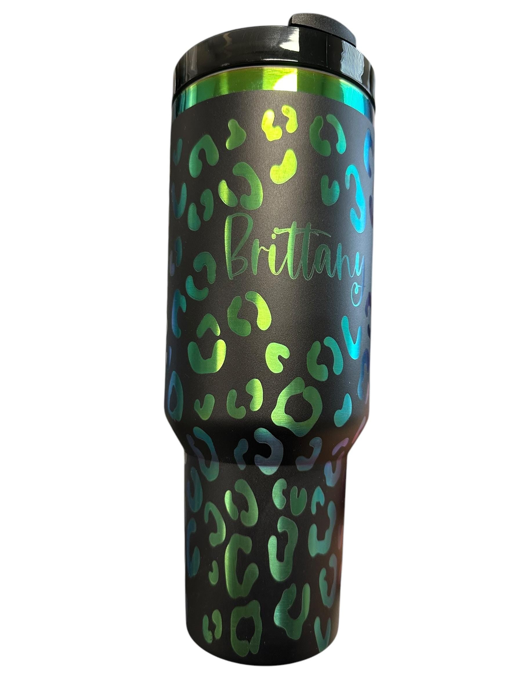 Personalized Holographic Cheetah Print Tumbler | Custom Name Rainbow Leopard Cup | Laser Engraved Travel Mug with Handle | Gift for Her