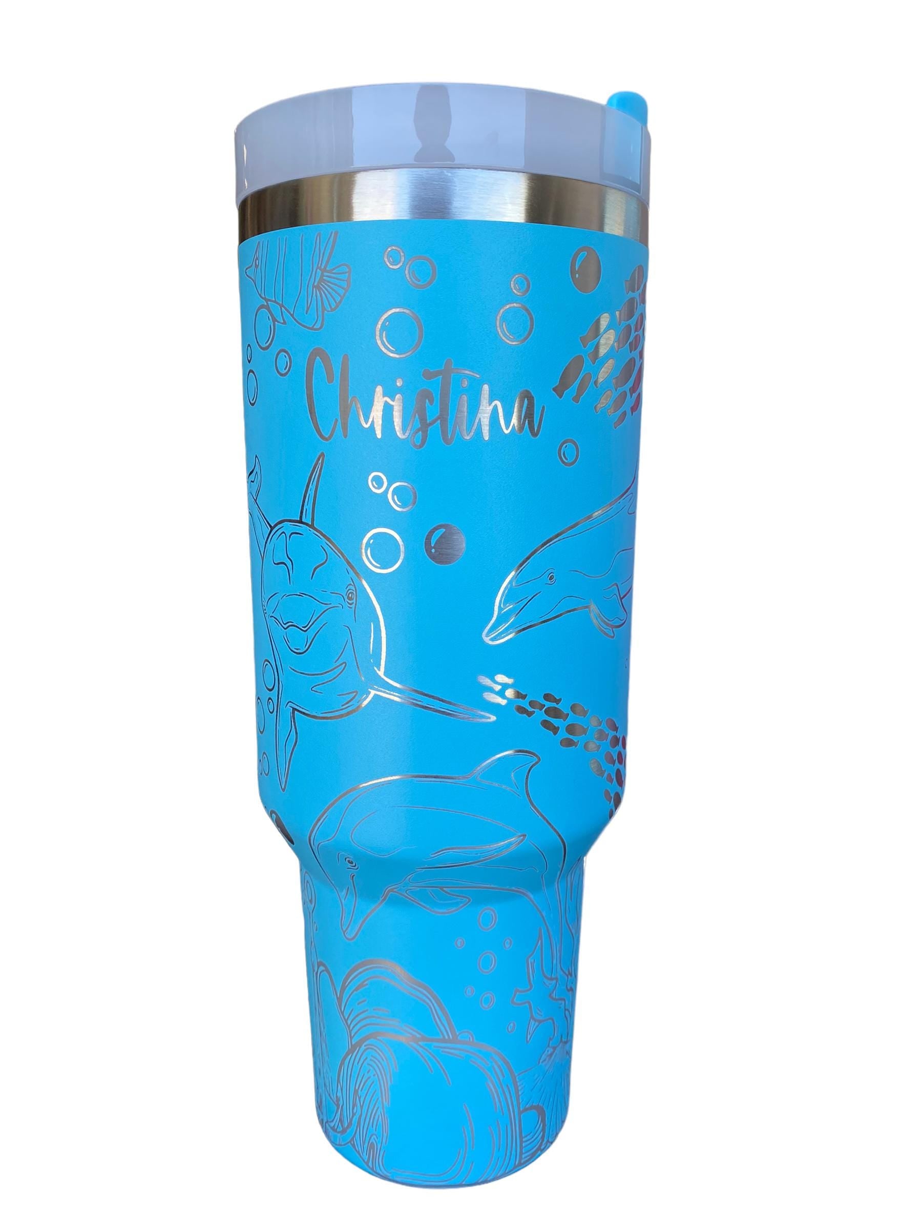 Dolphin Engraved Cup - Custom Engraved Cup  - 40oz tumbler with handle - Ocean Theme Tumbler