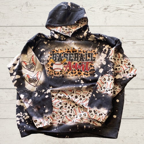 Baseball Aunt Bleached Hoodie - Custom baseball Heart with Names on Sleeve - Bleached Hoodie - Custom Hoodie - Baseball Shirt Sweatshirt