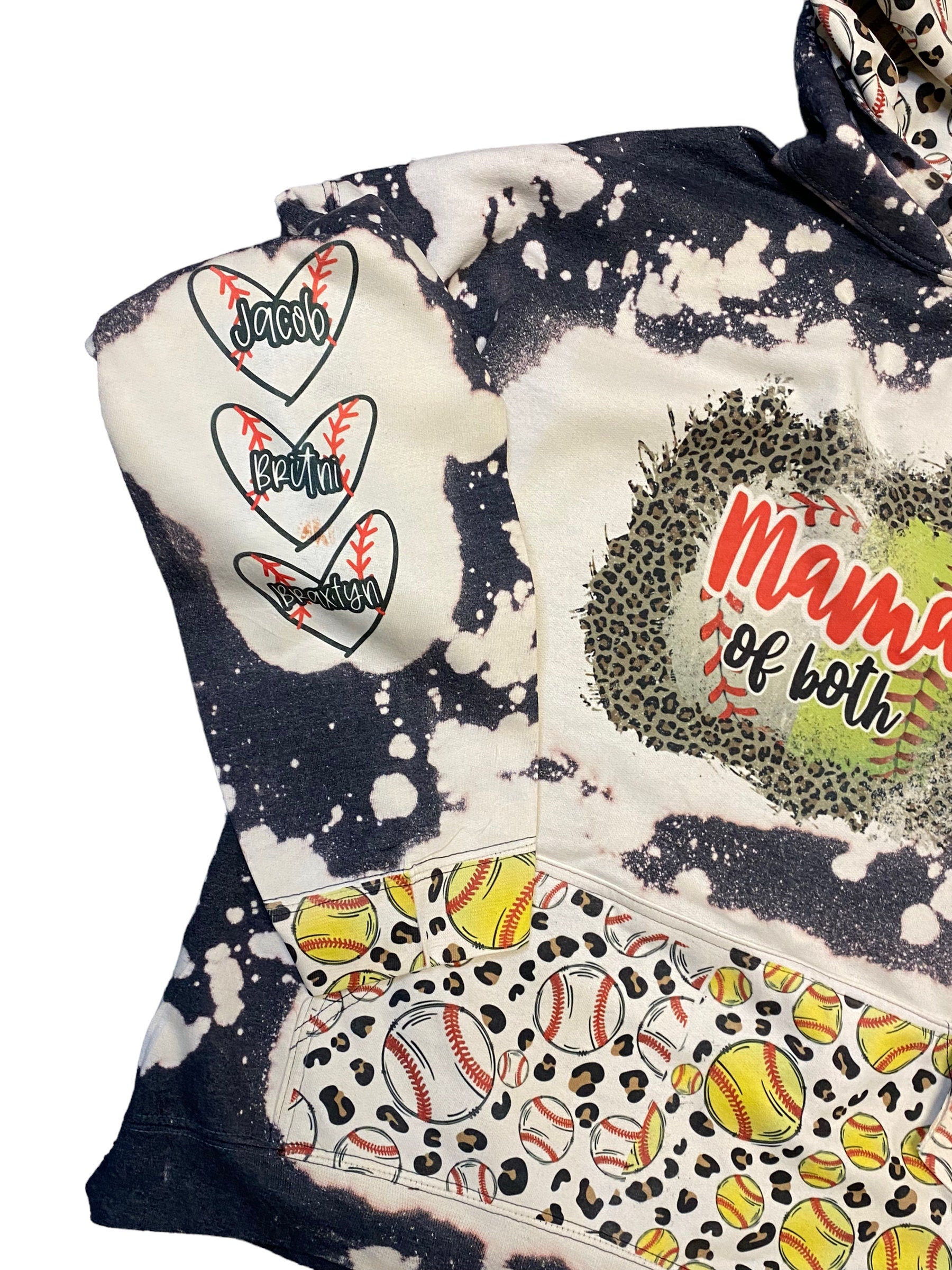 Mama of Both Softball & Baseball Bleached Hoodie -  Custom baseball Heart with Names on Sleeve - Bleached Hoodie - Custom Hoodie - Baseball