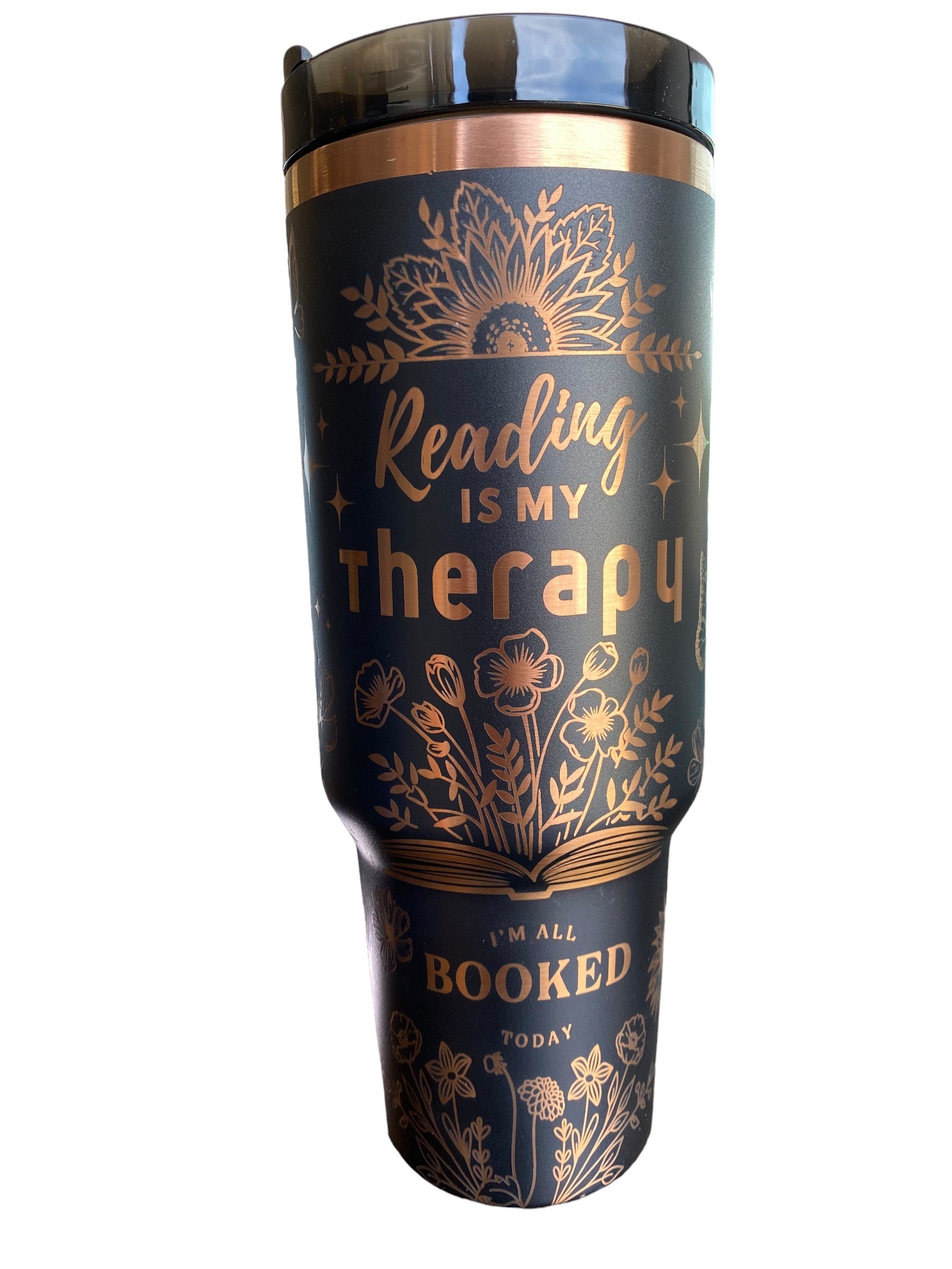 Reading is My Therapy Engraved Cup - Bookmarks are for Quiters Custom Engraved Cup  - 40oz tumbler with handle -  Reading Theme Tumbler