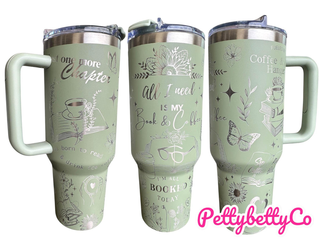 Books and Coffee Engraved Cup - I'm all Booked Custom Engraved Cup  - 40oz tumbler with handle -  Reading Theme Tumbler - Gift for Reader