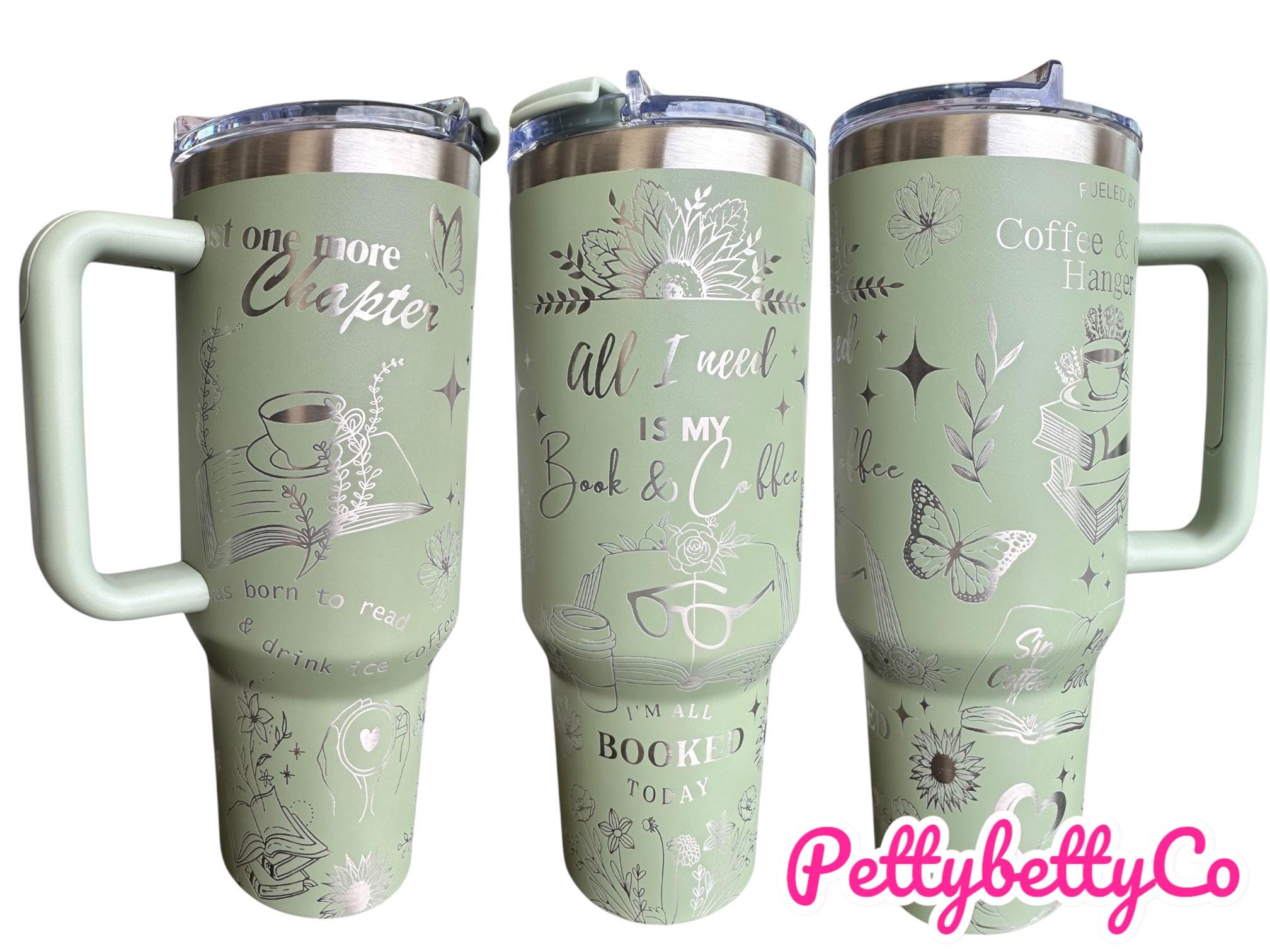 Books and Coffee Engraved Cup - I'm all Booked Custom Engraved Cup  - 40oz tumbler with handle -  Reading Theme Tumbler - Gift for Reader