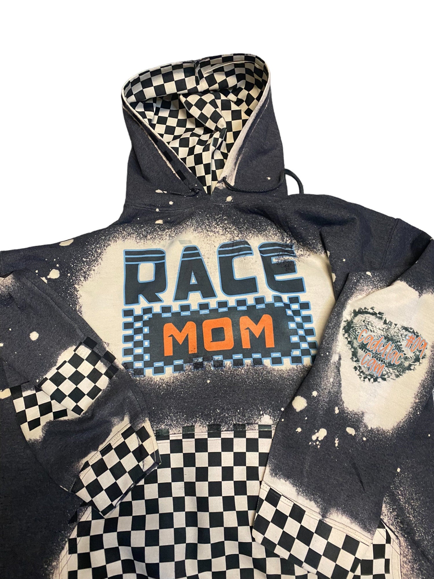 Race Mom Bleached Hoodie - Custom Color Racing hoodie Personalized number name - Car Truck Checkered Flag Dirt Track Motocross - Dirt Bike