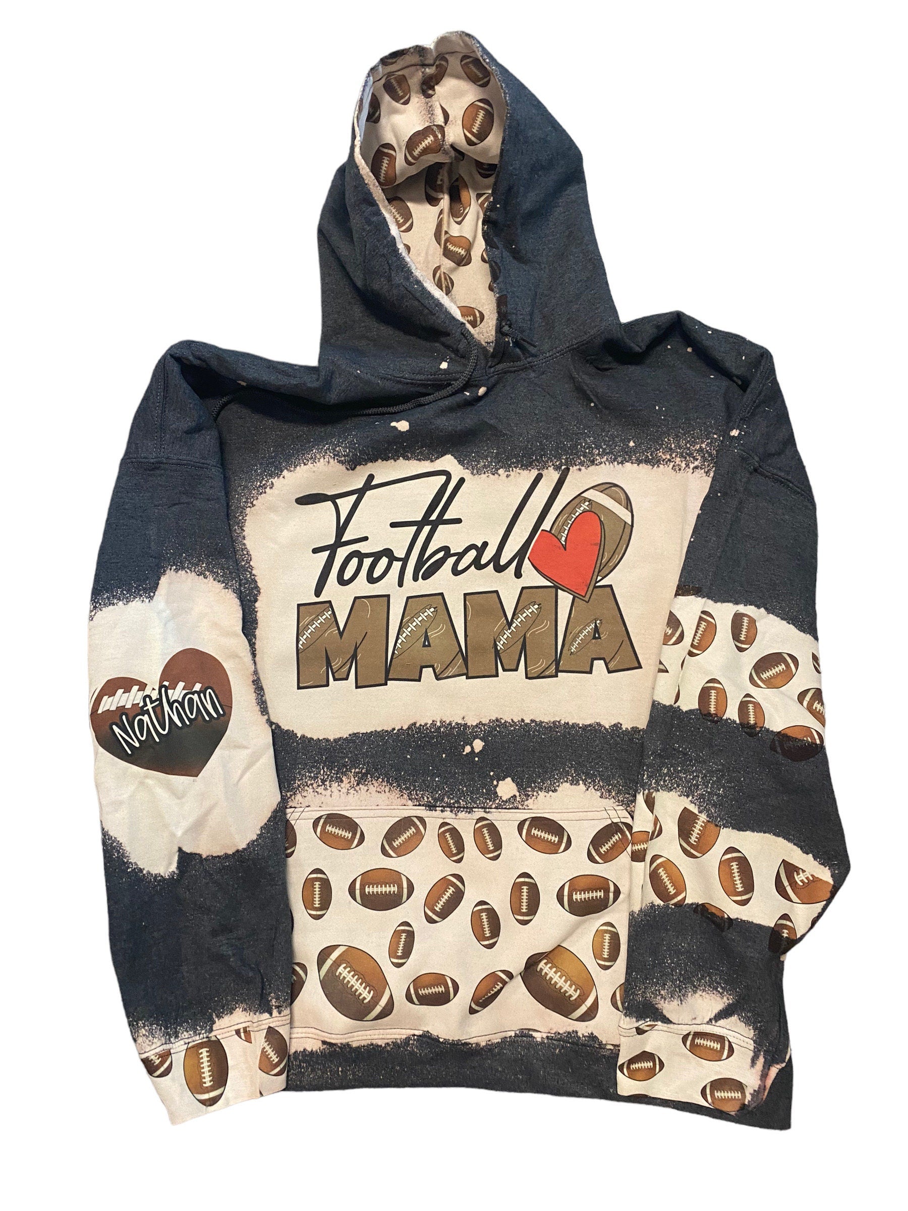 Football Mama Bleached Hoodie-no cheetah  -  Custom Football heart on my Sleeve hoodie - Bleached Hoodie - Custom Hoodie - Football Shirt