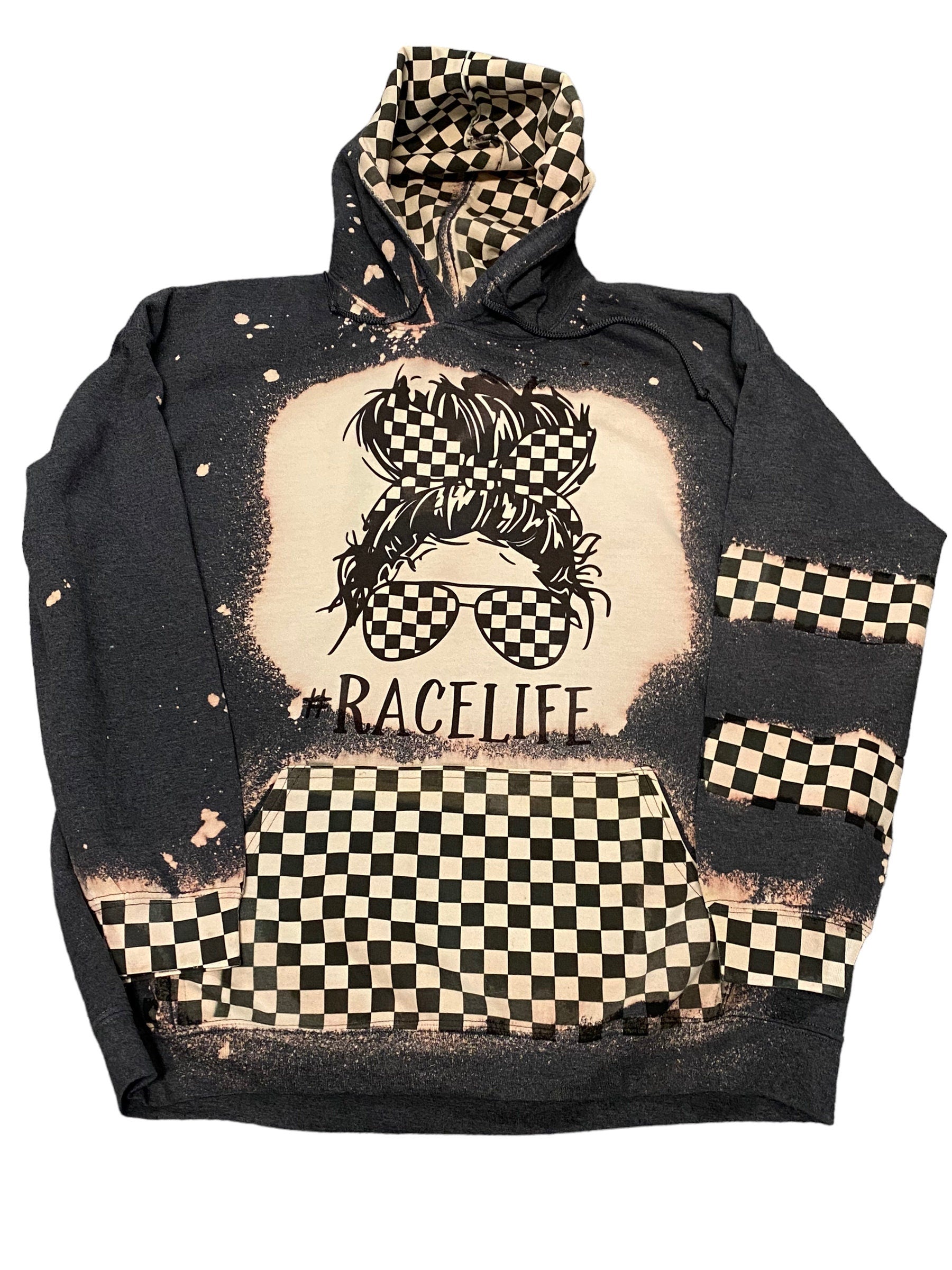 Messy Bun Race Life Bleached Hoodie - Racing hoodie - Car Truck Checkered Flag Dirt Track Motocross - Dirt Bike