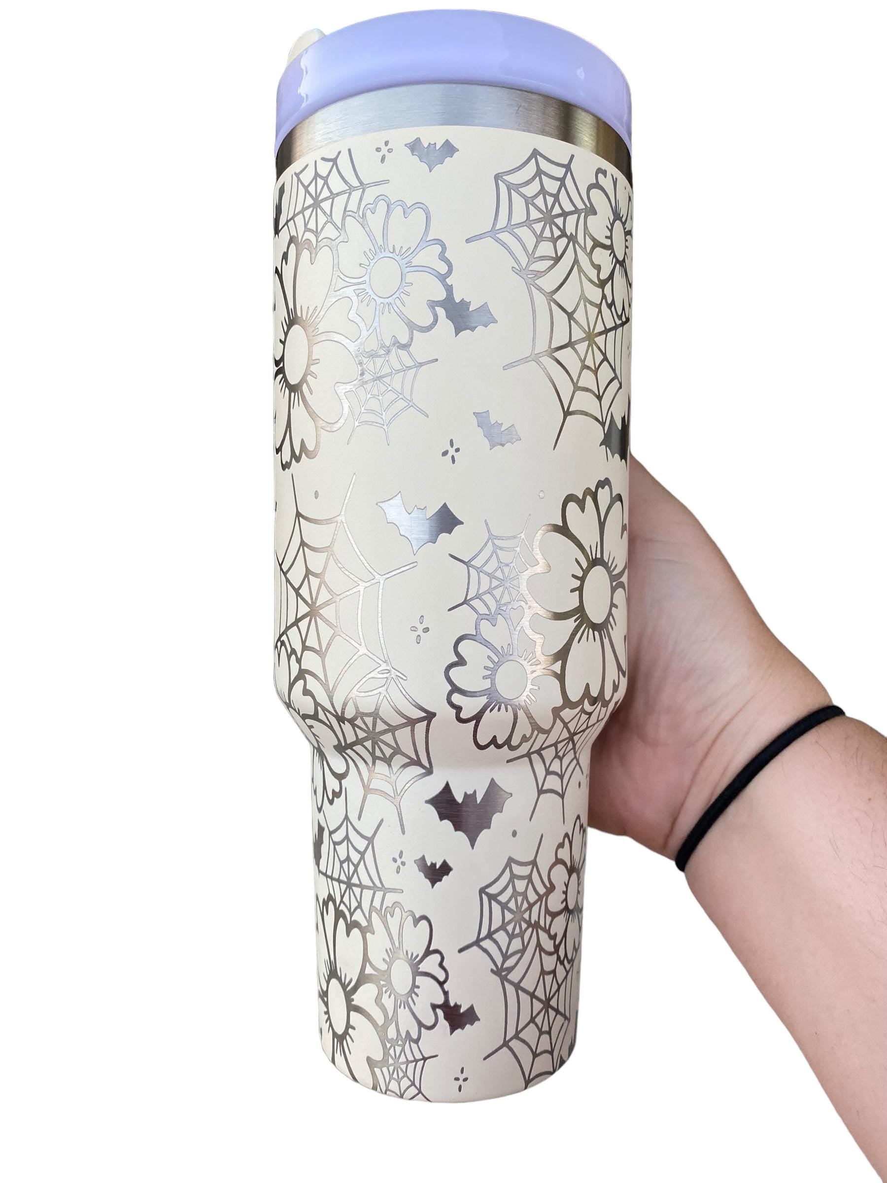 Classy Halloween Tumbler - Floral Halloween Engraved Tumbler - 40oz Engraved Tumbler - Halloween Cup - Spiderwebs and Flowers Tumbler